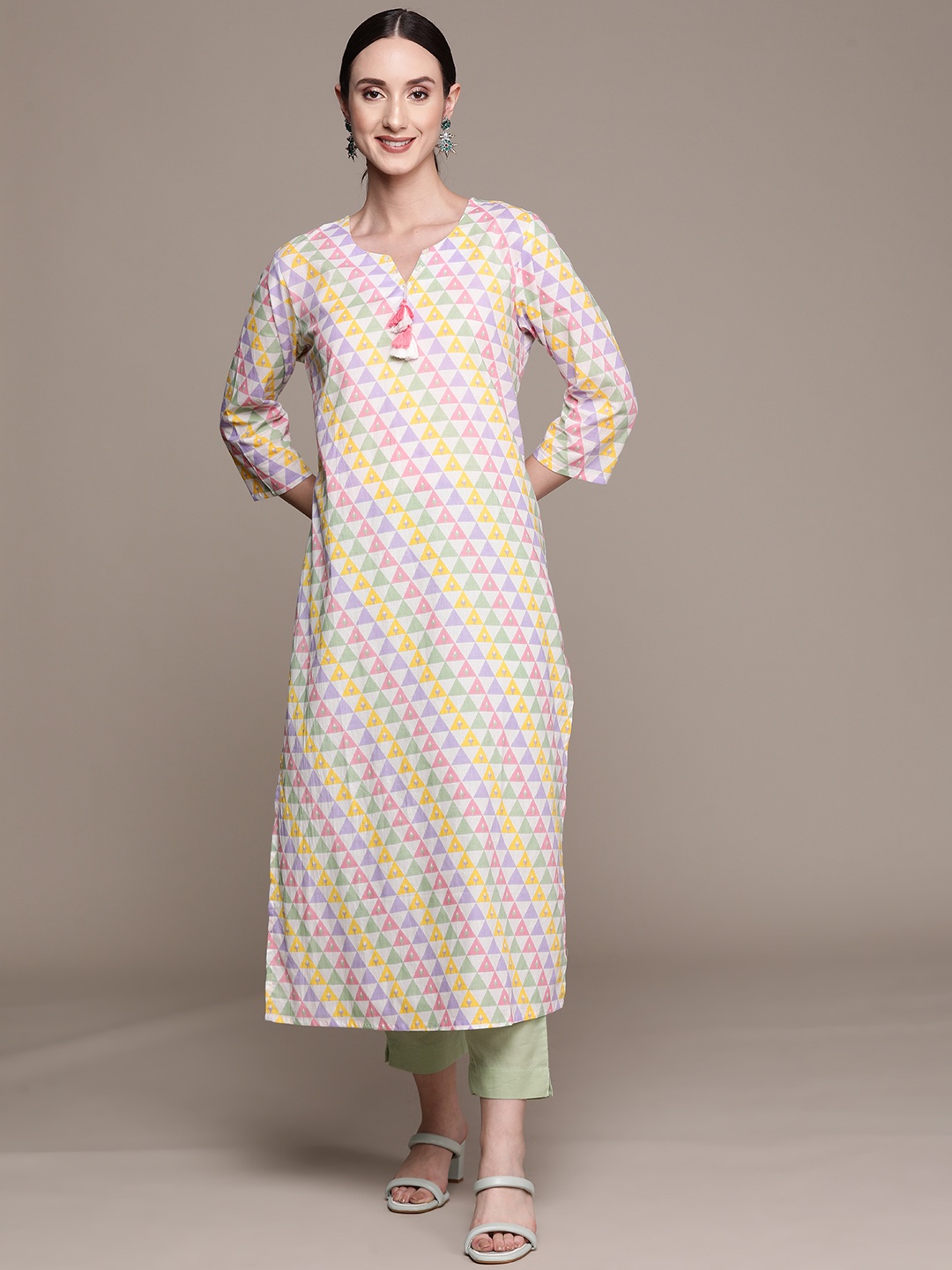 Ishin Women Multicoloured Geometric Printed Pastels Kurta, Multi