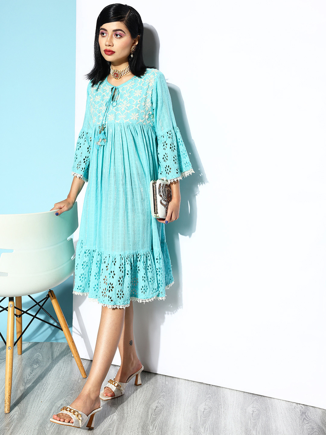 

Ishin Blue Ethnic Motifs Embroidered Schiffli Tie-Up Neck Ethnic A-Line Dress