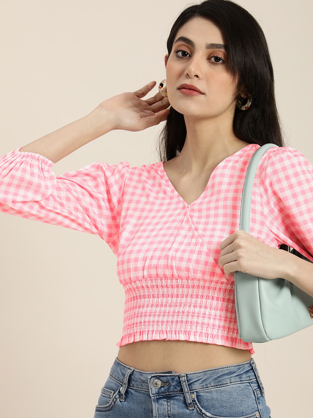

Moda Rapido Checked Wrap Crop Top, Pink