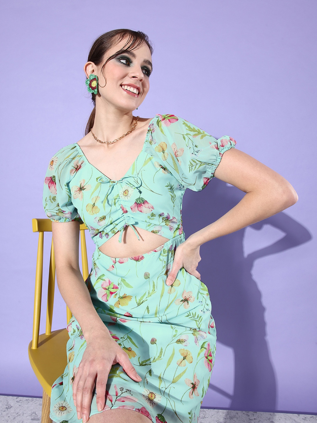 

Moda Rapido Puff Sleeves Floral Fit & Flare Dress With Cut-Outs Detail, Multi