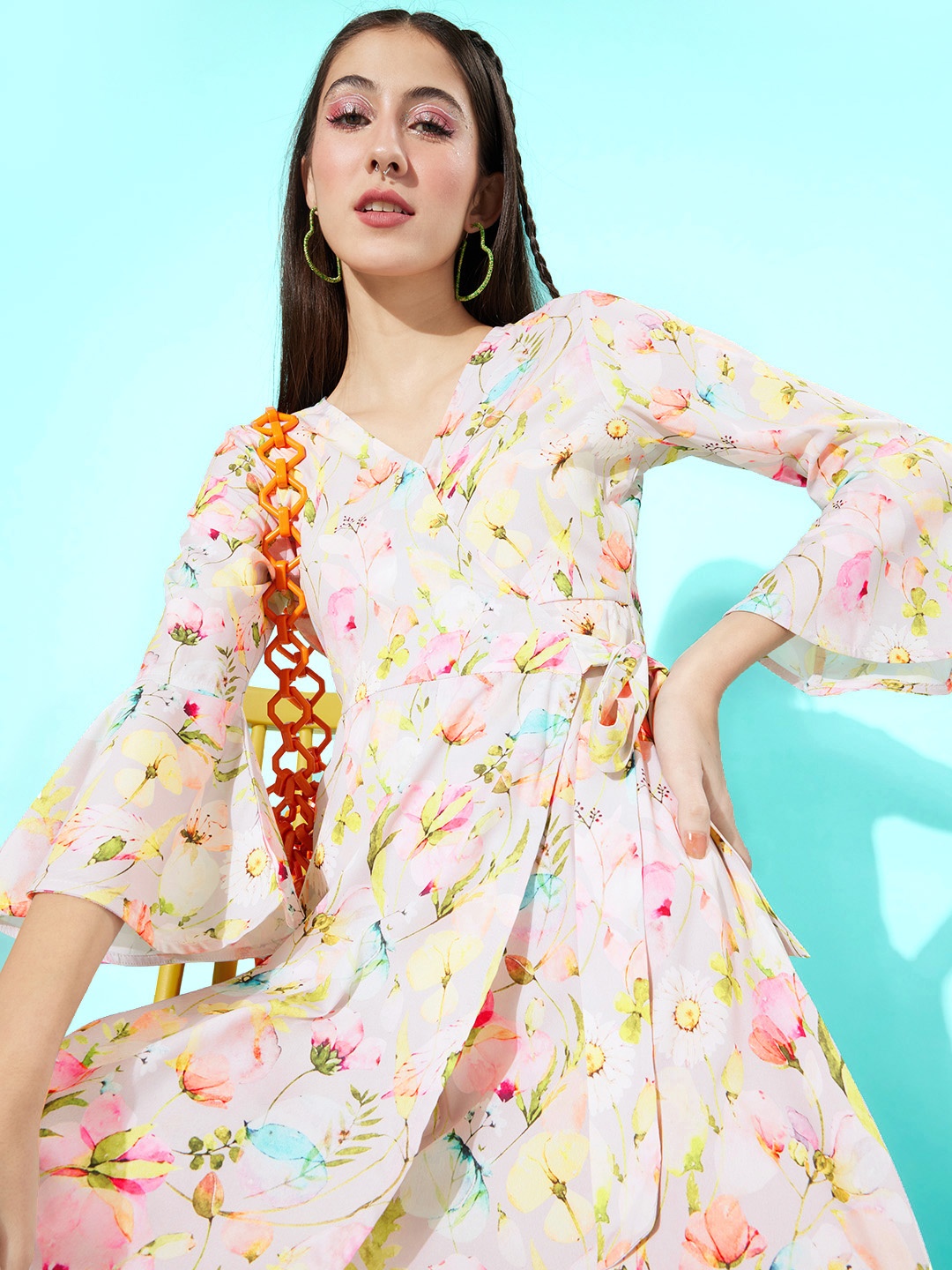 

Moda Rapido Women Beige & Multi-Coloured Floral Wrap Belted Midi Dress