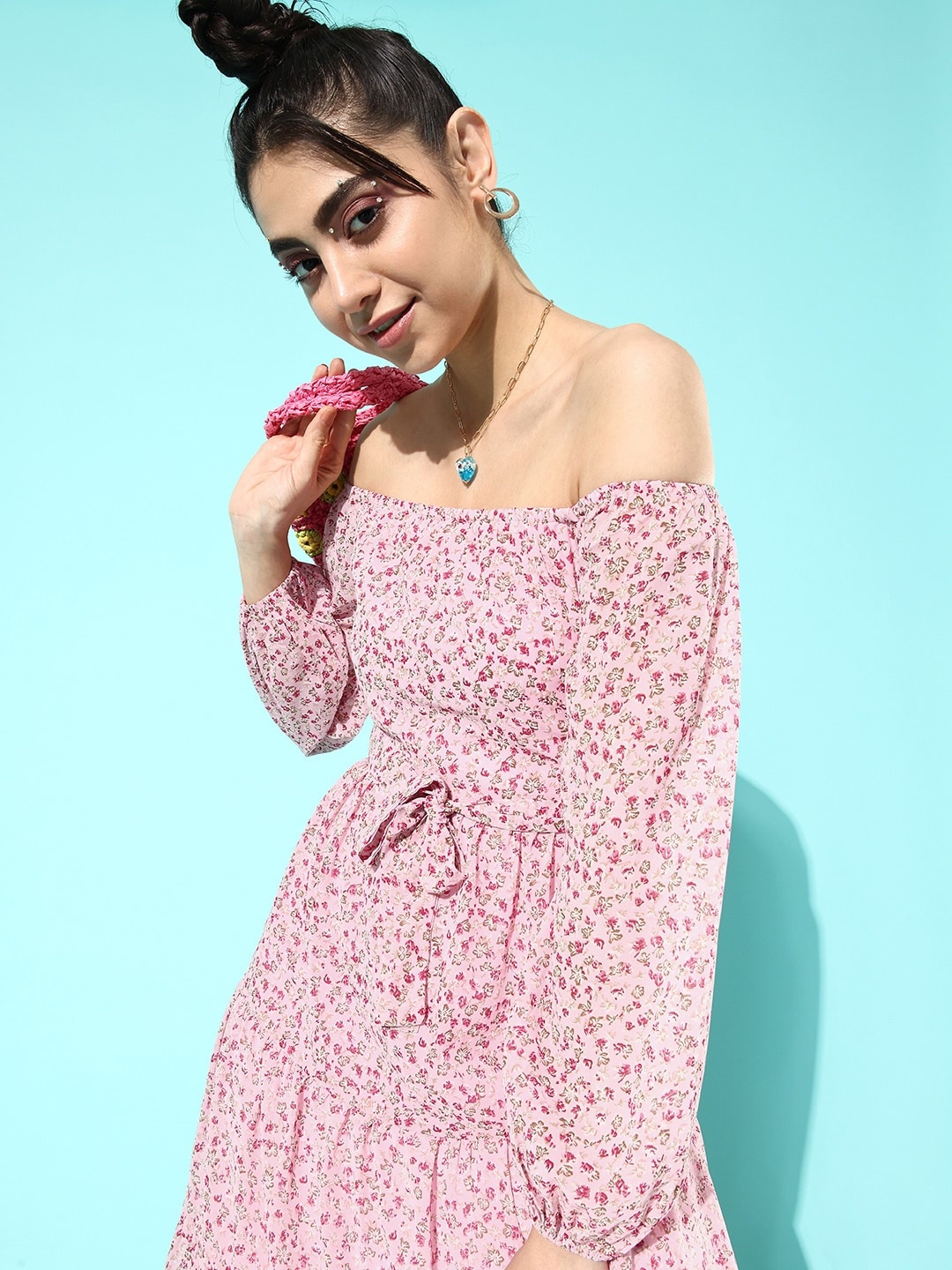 

Moda Rapido Women Pink Floral Belted Details Dress