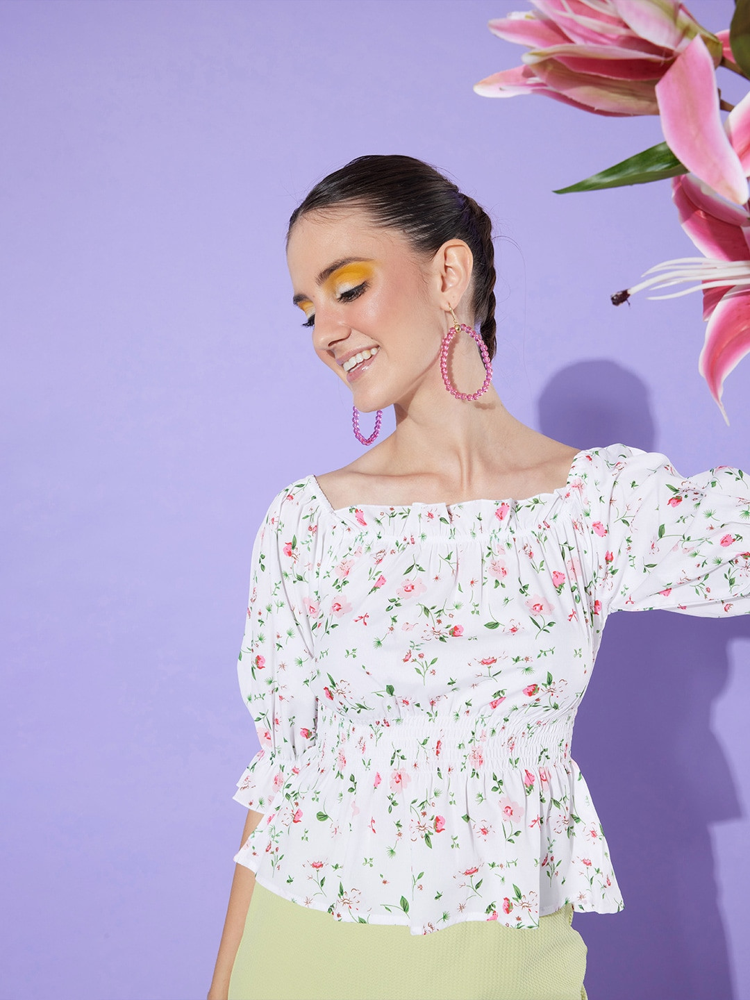 

Moda Rapido Floral Print Off-Shoulder Peplum Top, White
