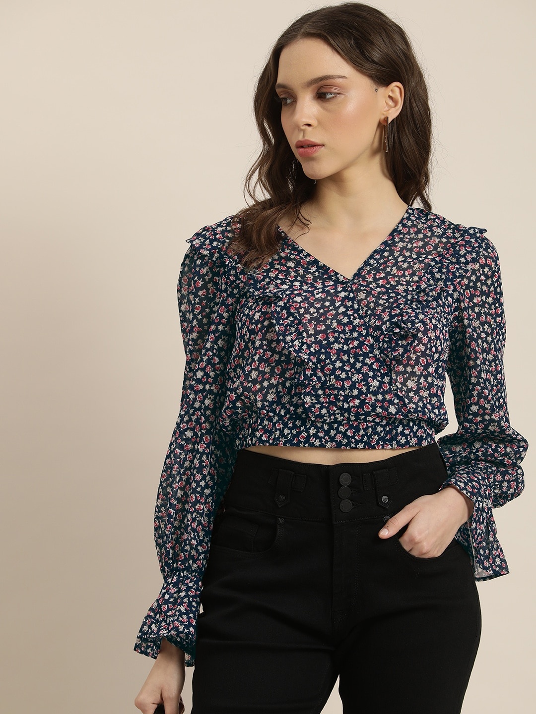 

Moda Rapido Navy Blue Floral Print Ruffles Wrap Crop Top