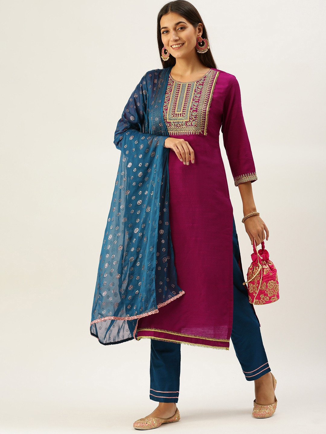 

SWAGG INDIA Women Magenta Yoke Design Gotta Patti Kurta with Trousers & Dupatta
