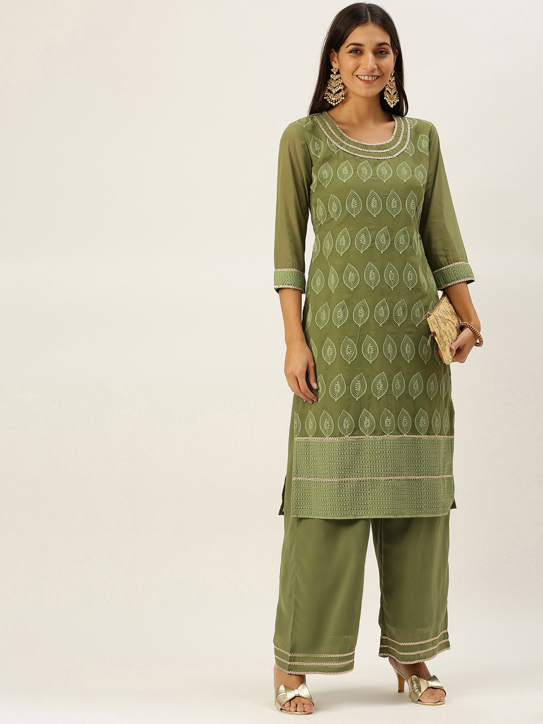 

SWAGG INDIA Women Green Ethnic Motifs Embroidered Chikankari Kurta with Palazzos