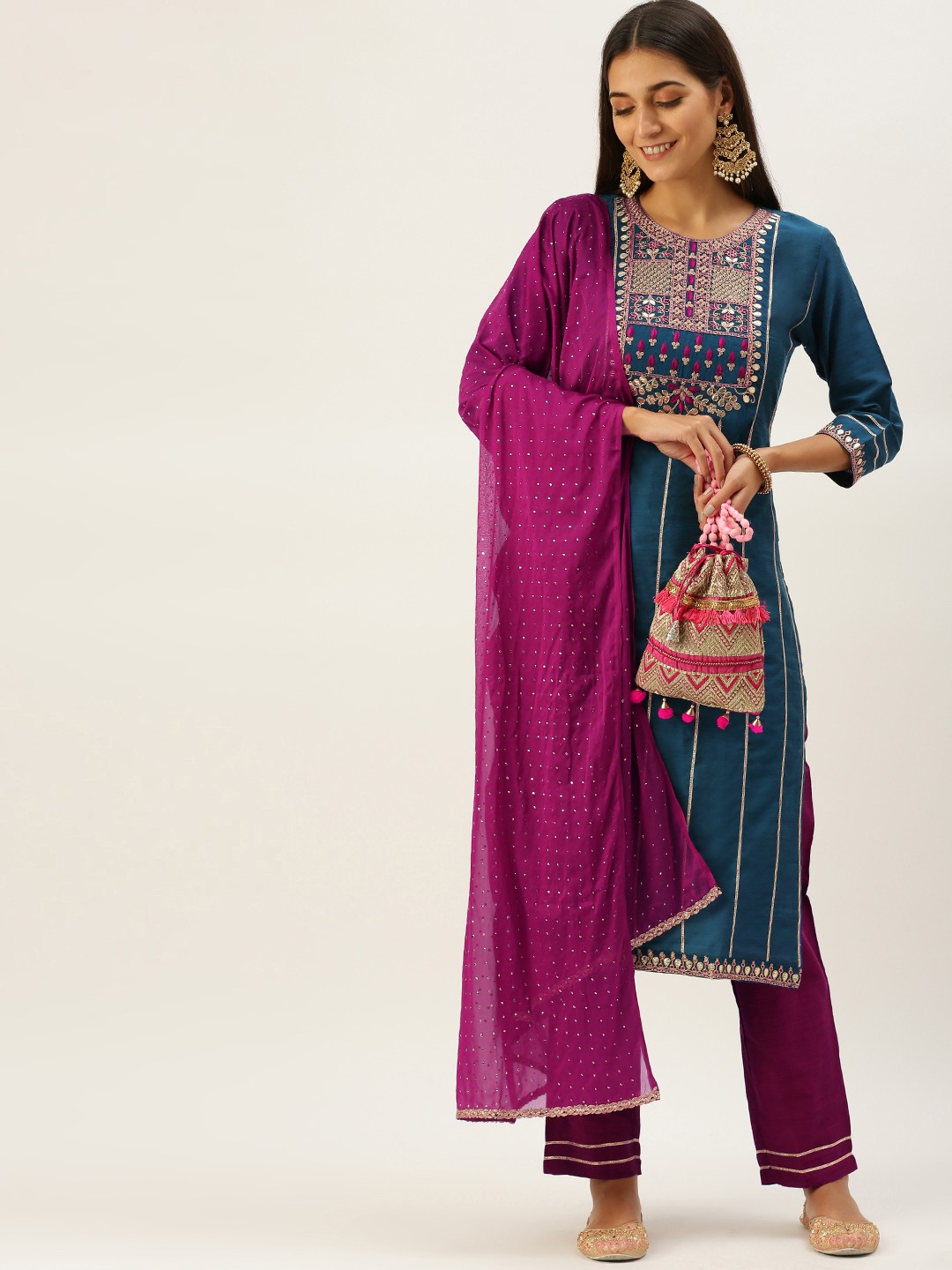 

SWAGG INDIA Women Teal Blue Yoke Design Gotta Patti Kurta with Trousers & Dupatta