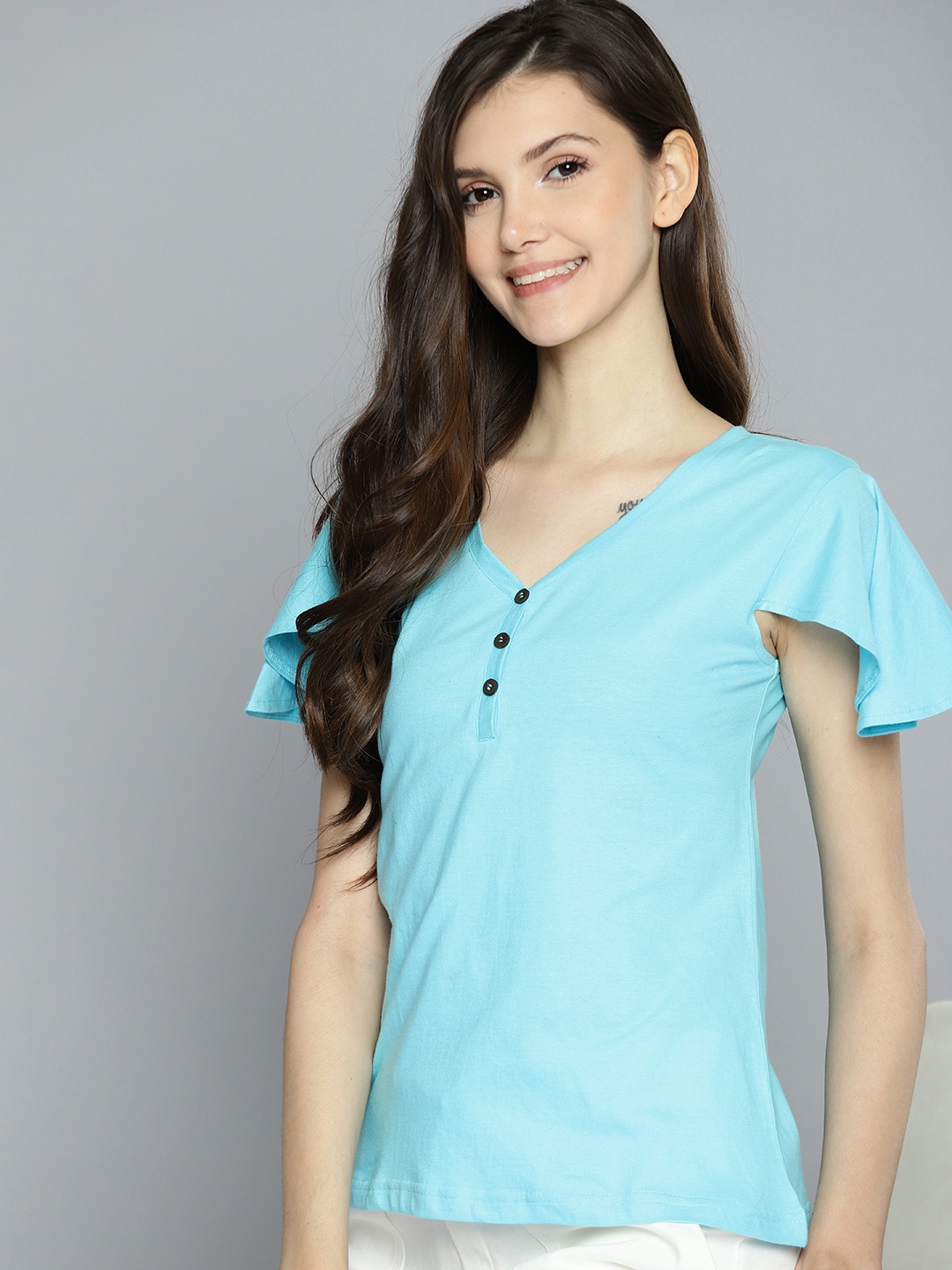 

Mast & Harbour Blue Solid Pure Cotton Top