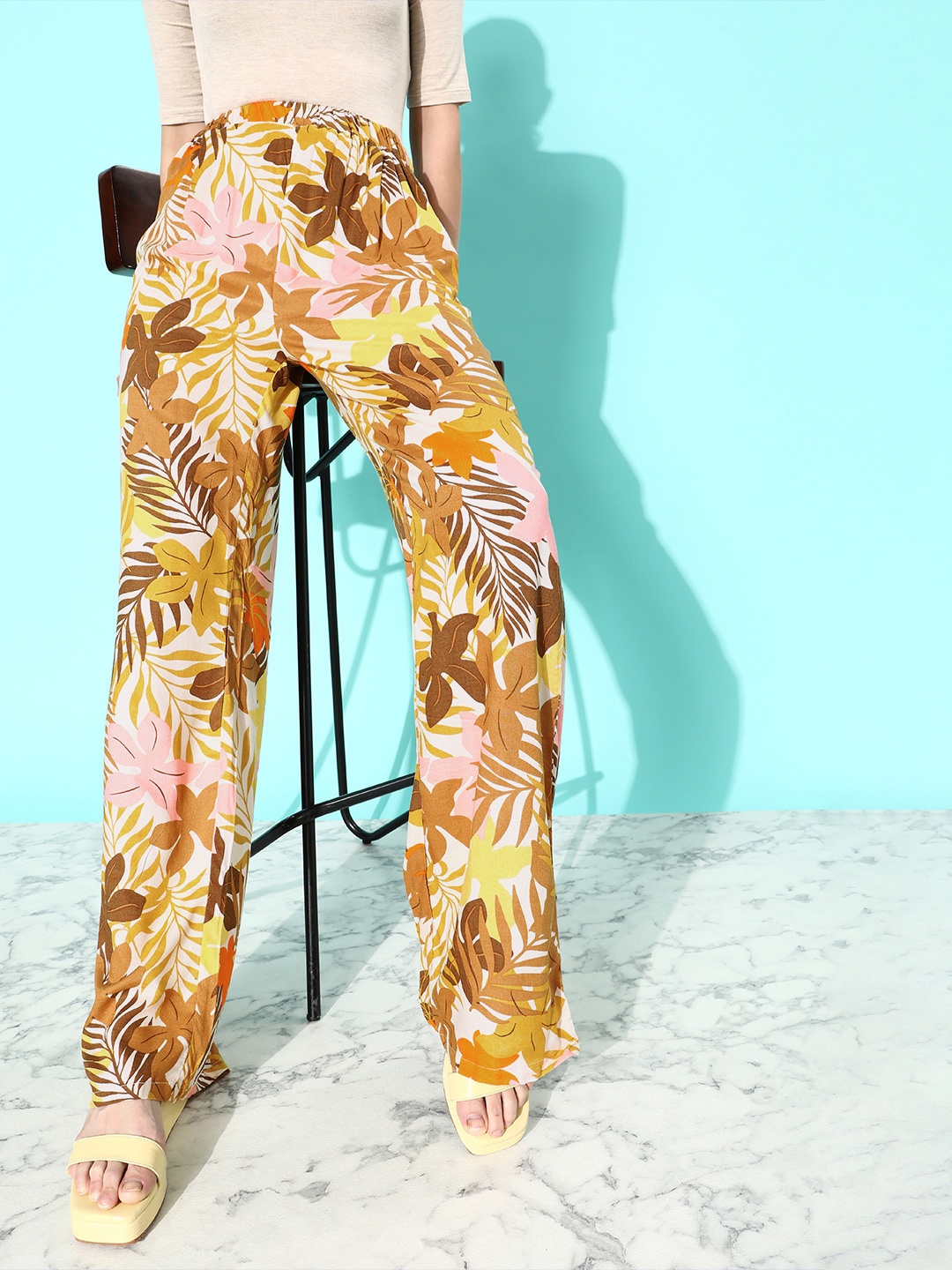 

HERE&NOW Women Tropical Printed Trousers, Yellow