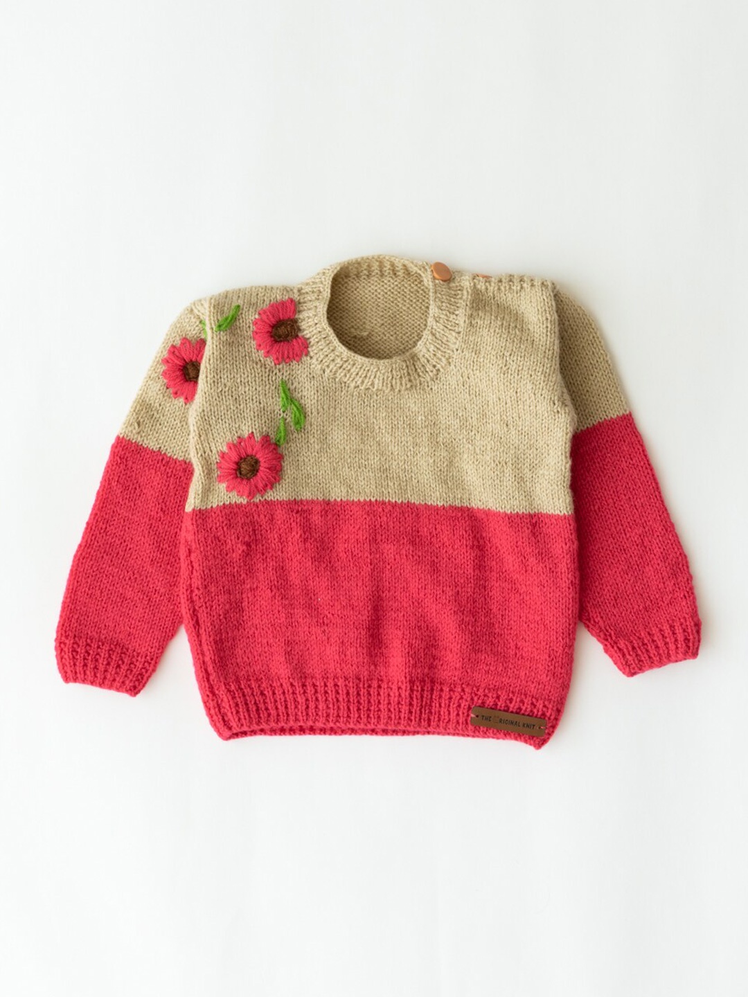 

The Original Knit Girls Beige & Pink Colourblocked Embroidered Pullover
