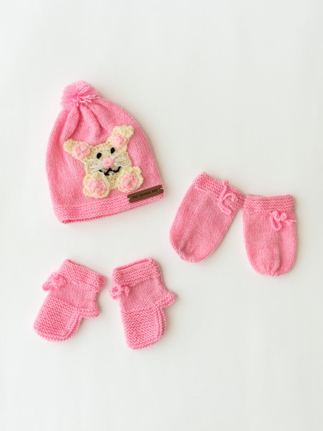 

The Original Knit Infant Girls Pink Handmade Acrylic Beanie with Socks & Mittens