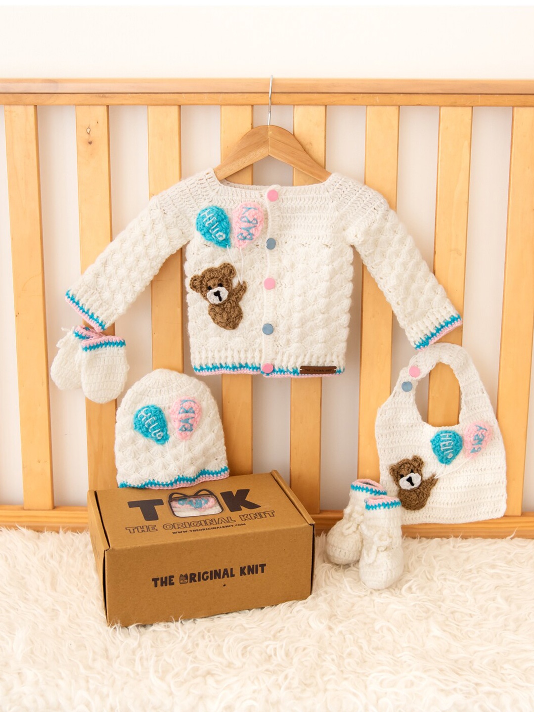 

The Original Knit 5 Pieces Cream-Coloured & Blue Acrylic Handmade Apparel Gift Set