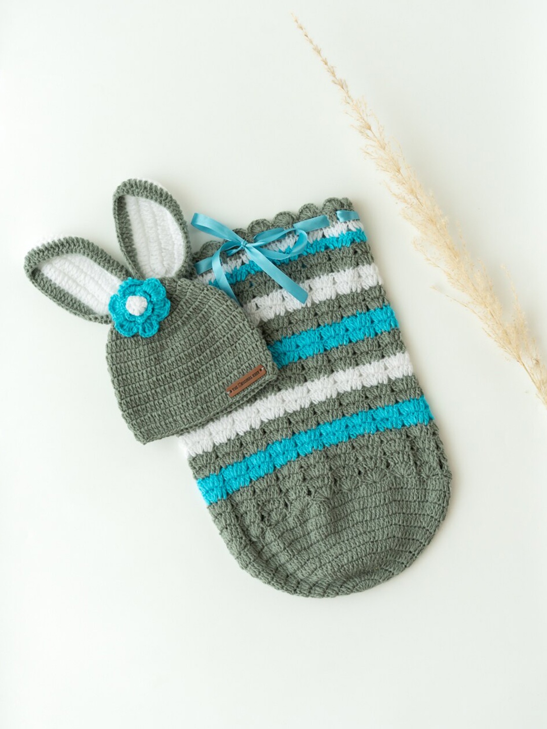 

The Original Knit Set Of 3 Grey & Blue A-Line Dress & Cap & Pair Of Socks