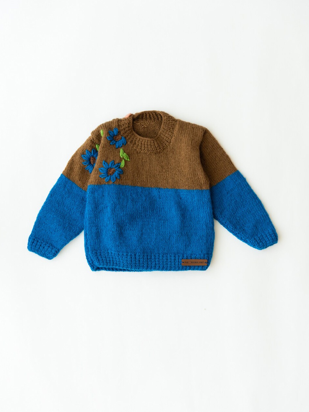 

The Original Knit Girls Brown & Blue Colourblocked Embroidered Sweater