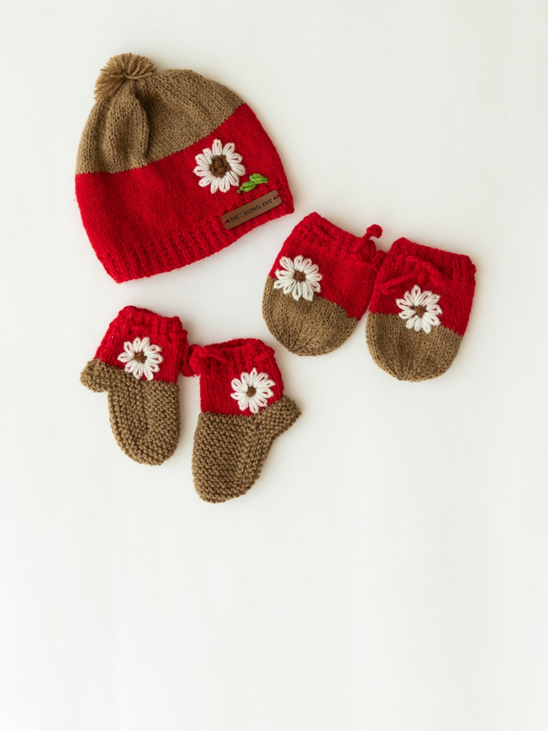 

The Original Knit Girls Olive Green & Red Beanie with Socks & Mittens
