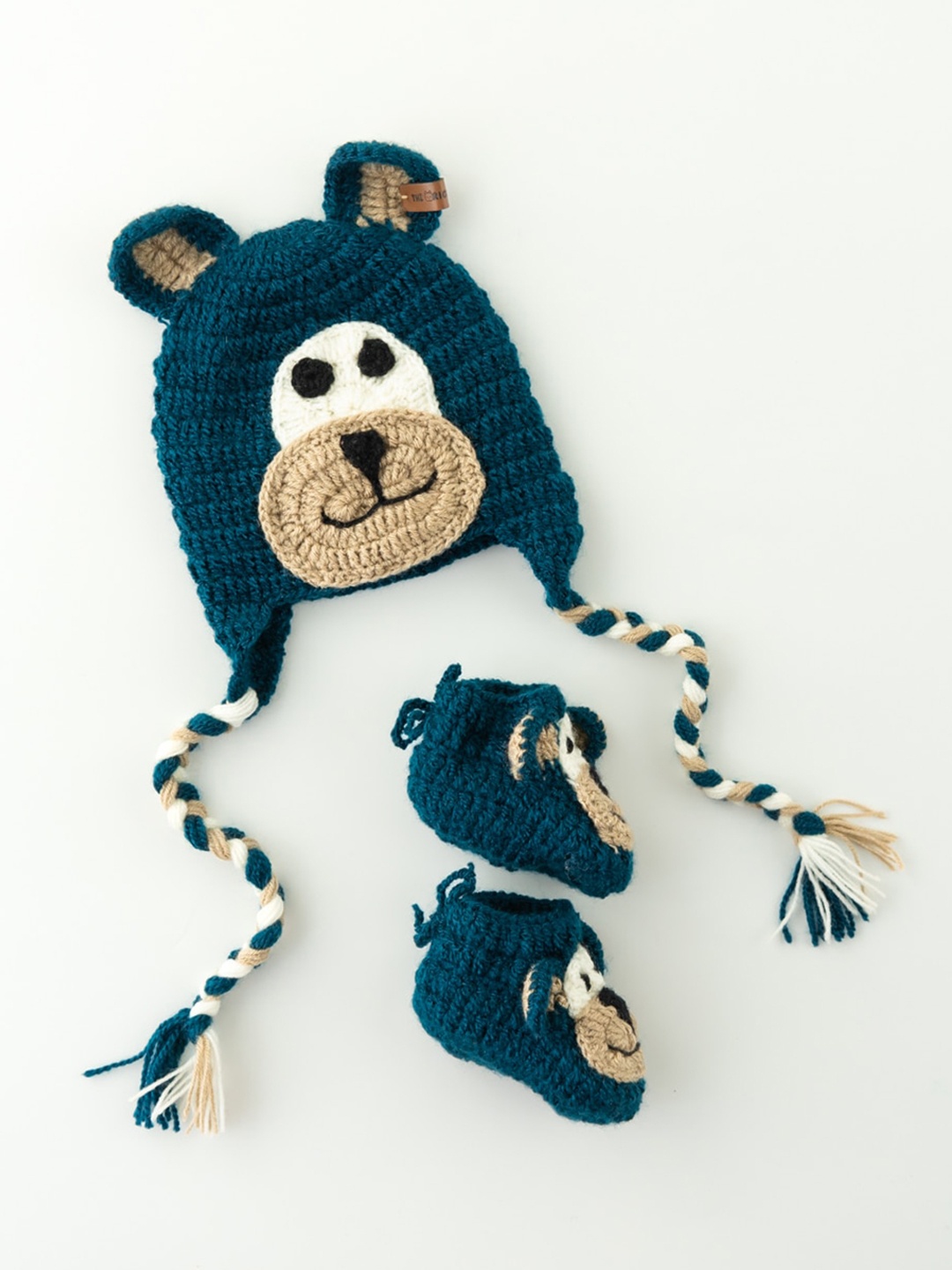 

The Original Knit Unisex Kids Teal Blue & White Handmade Crochet Beanie & Booties