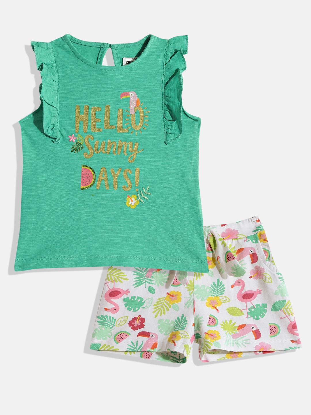 

DILLINGER Girls Sea Green & White Cotton Printed Top with Shorts