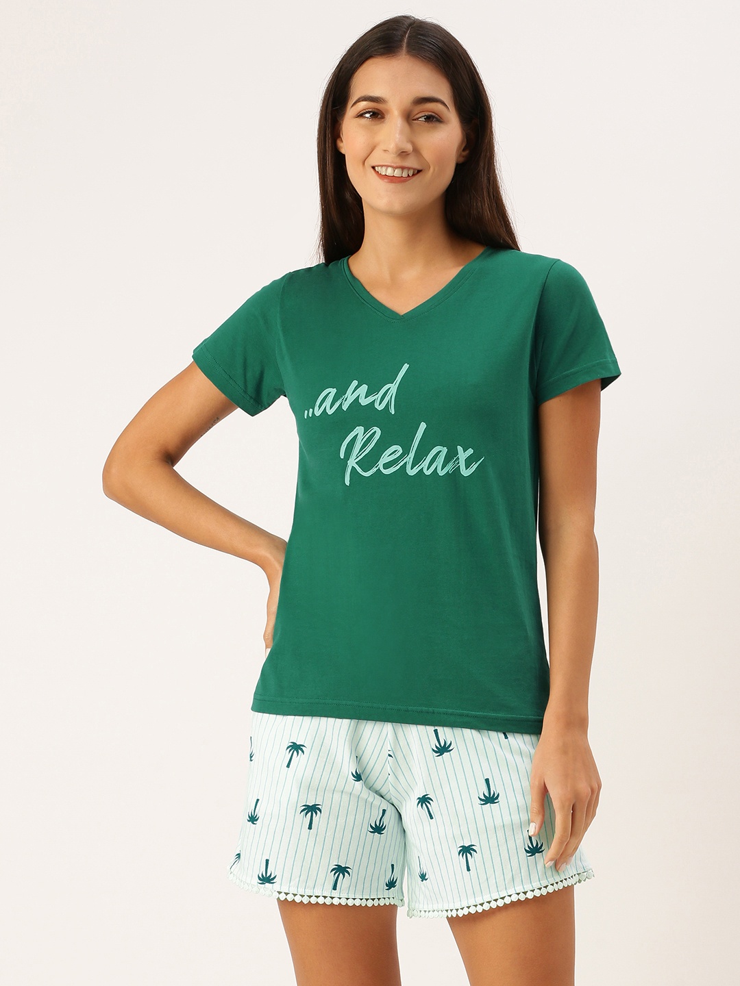 

Slumber Jill Women Green & White Printed Pure Cotton Night suit