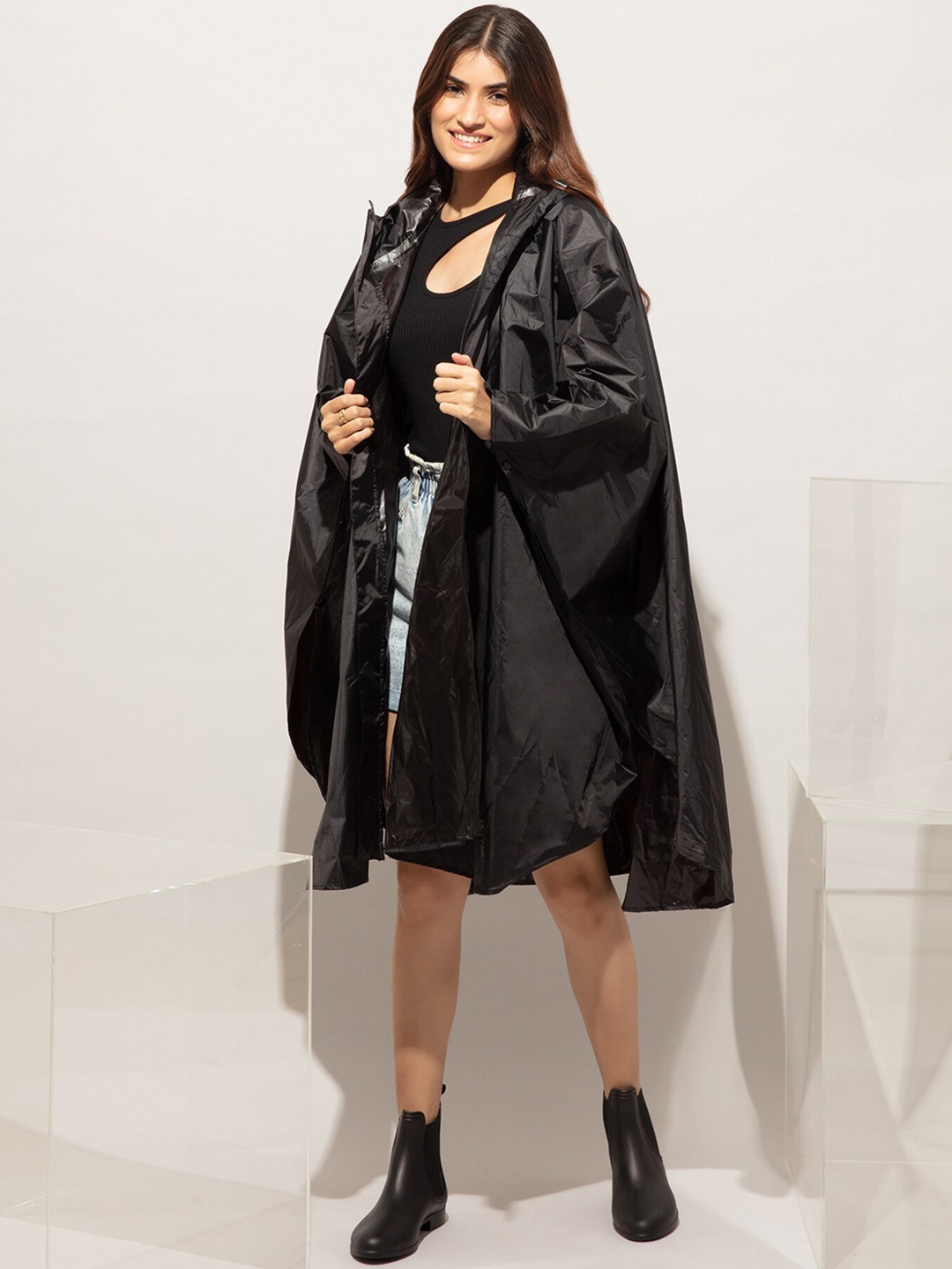 

20Dresses Women Black Solid Poncho Style Knee Length Raincoat