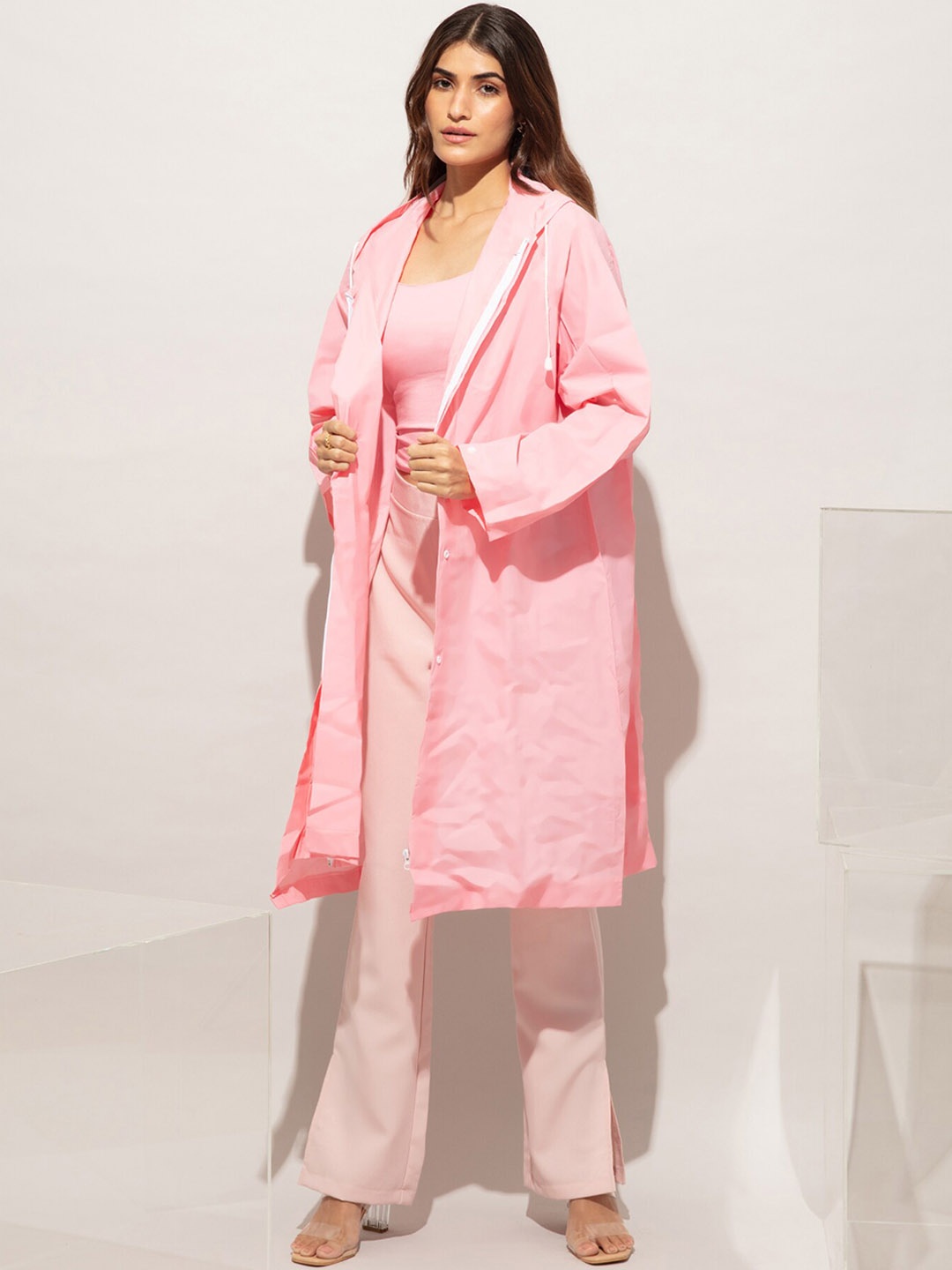 

20Dresses Women Pink Solid Rain Long Length Jacket