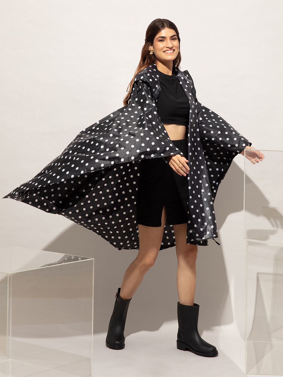 

20Dresses Women Black Polka Dot Poncho Style Knee Length Rain Jacket