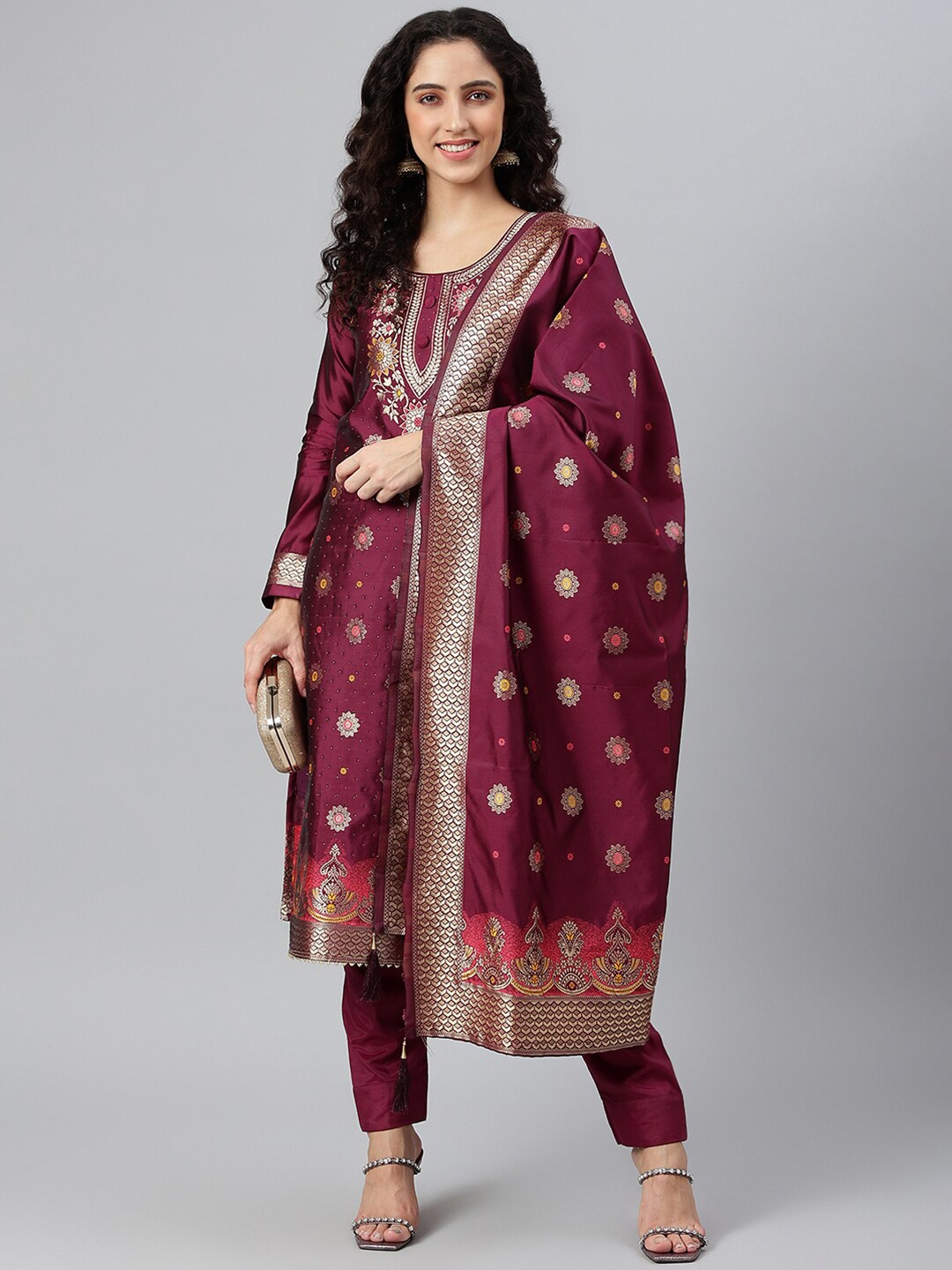 

Lilots Maroon & Gold-Toned Unstitched Dress Material