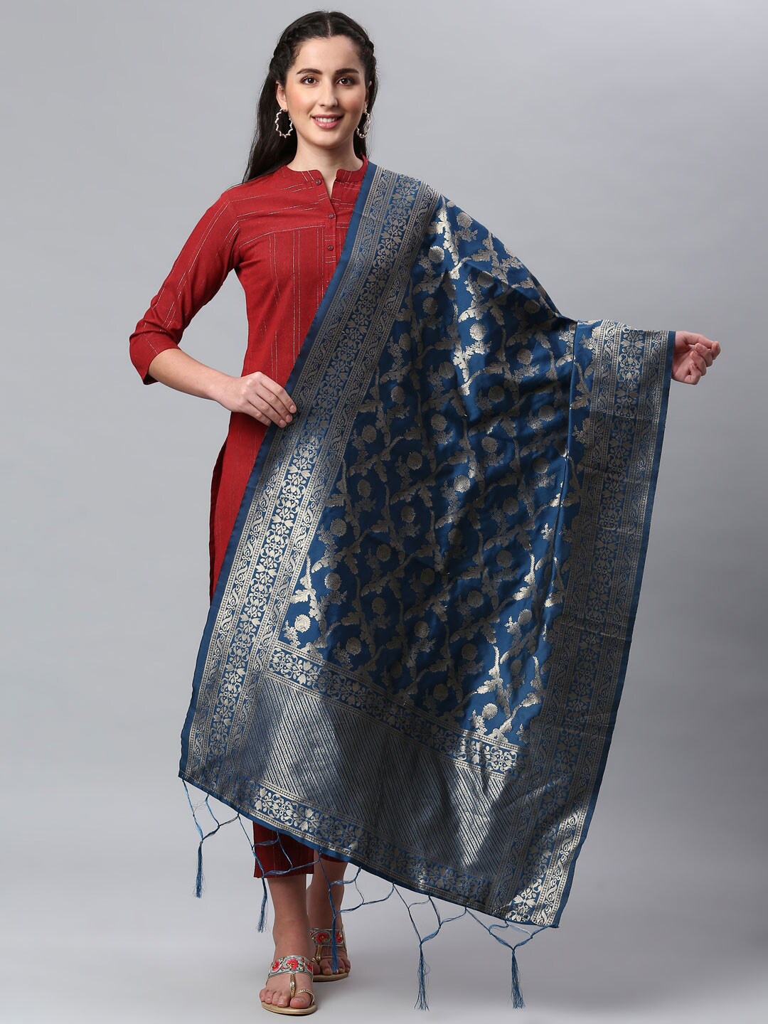 

Lilots Blue & Gold-Toned Ethnic Motifs Woven Design Dupatta