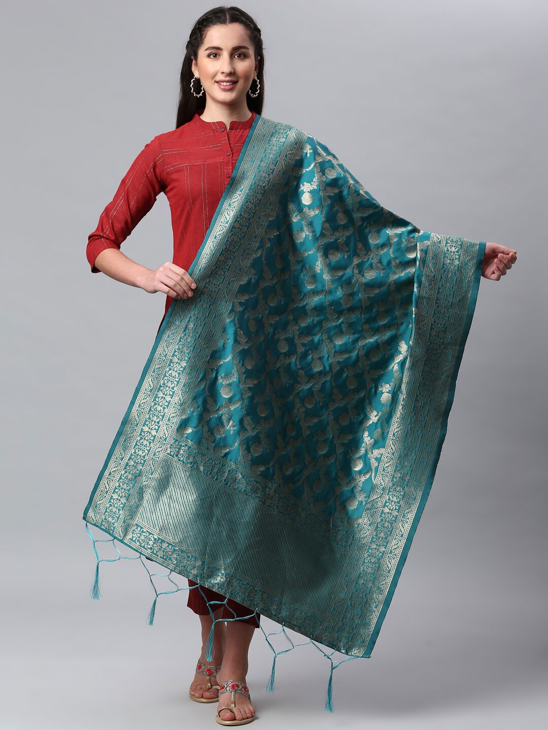 

Lilots Turquoise Blue & Gold-Toned Ethnic Motifs Woven Design Dupatta