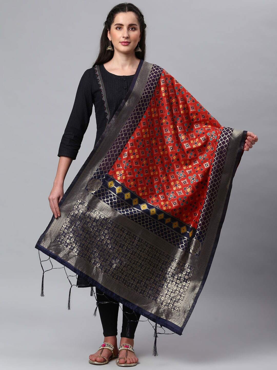 

Lilots Red & Black Ethnic Motifs Woven Design Dupatta