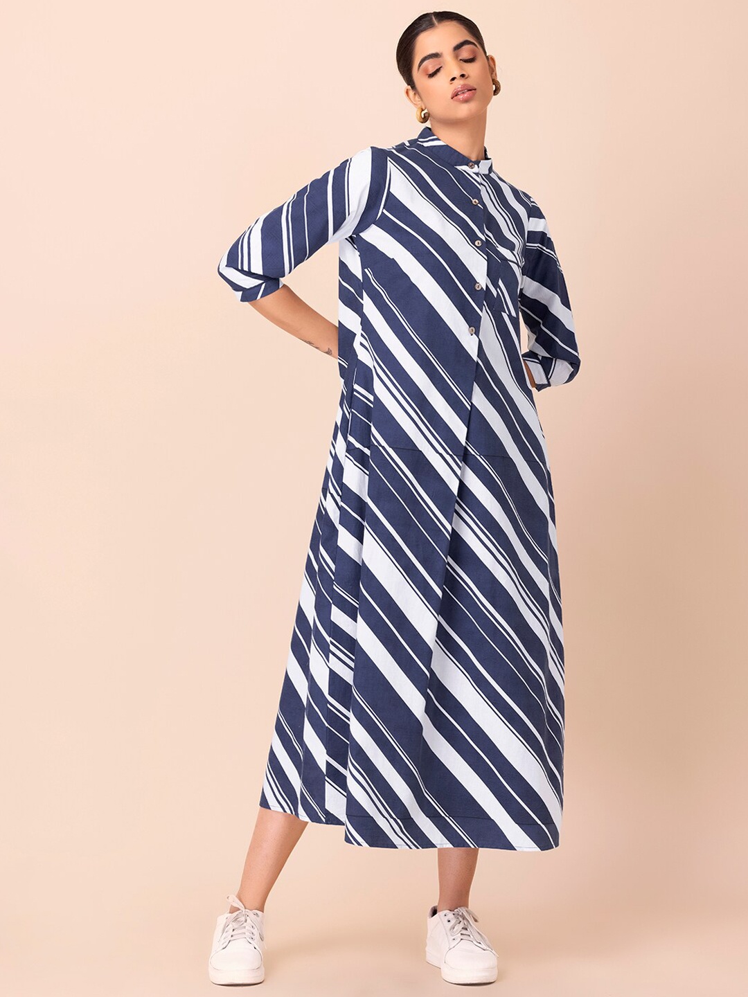 

Earthen BY INDYA Blue Striped A-Line Midi Cotton Dress