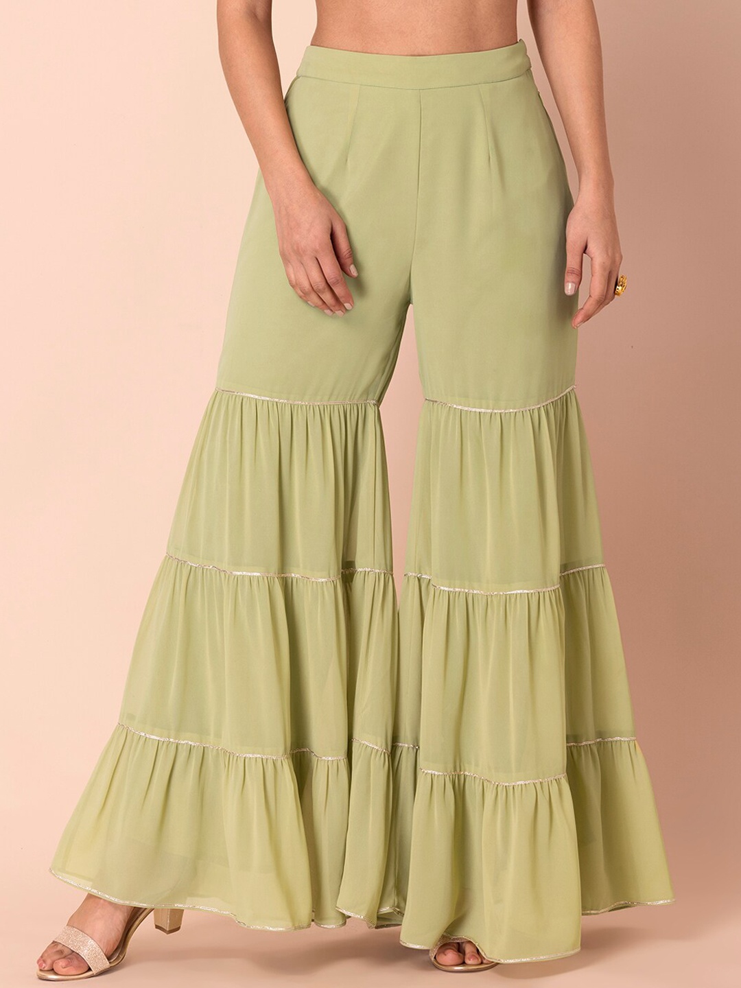 

INDYA Women Green Flared Ethnic Gotta Patti Tiered Sharara