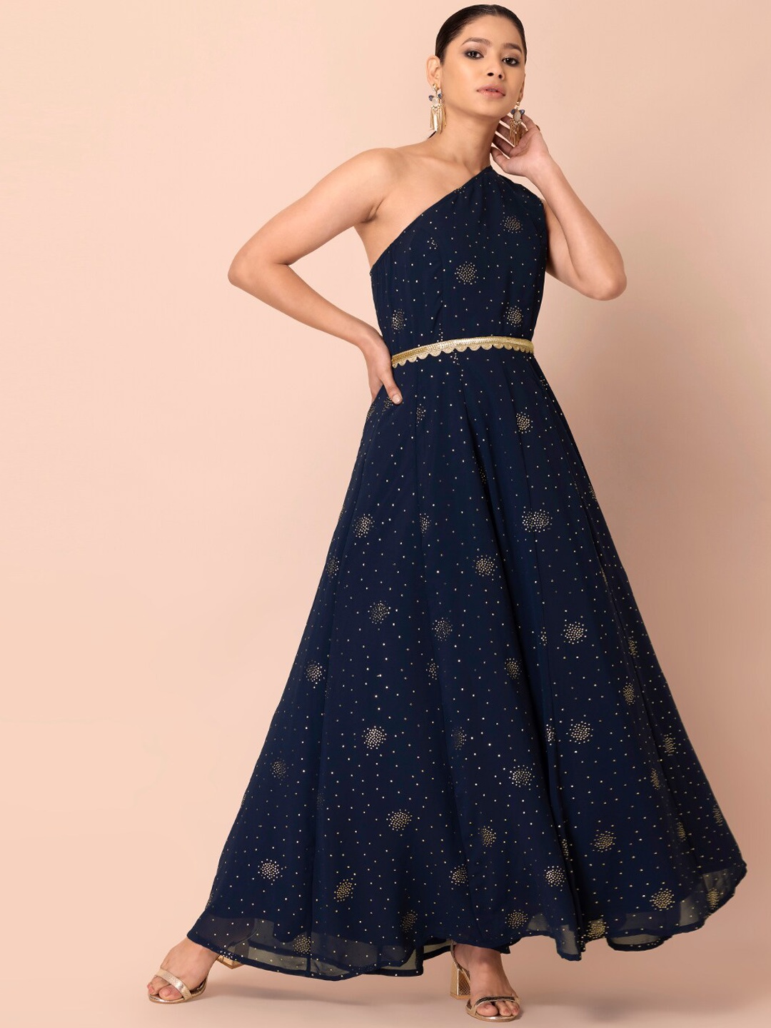 

INDYA Navy Blue Embellished One Shoulder Georgette Maxi Dress