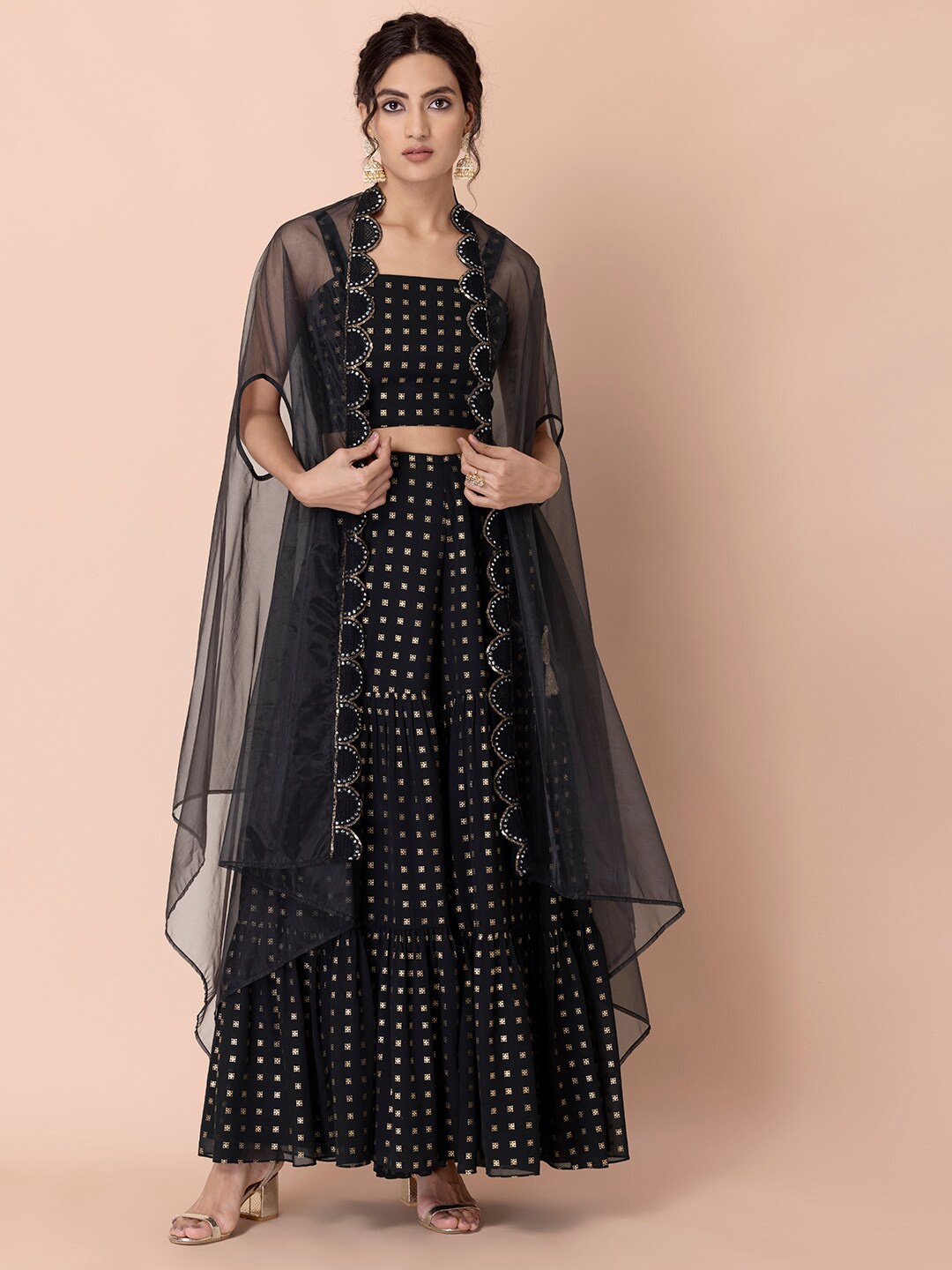 

Rang by Indya Women Black & Gold-Toned Embellished Shrug