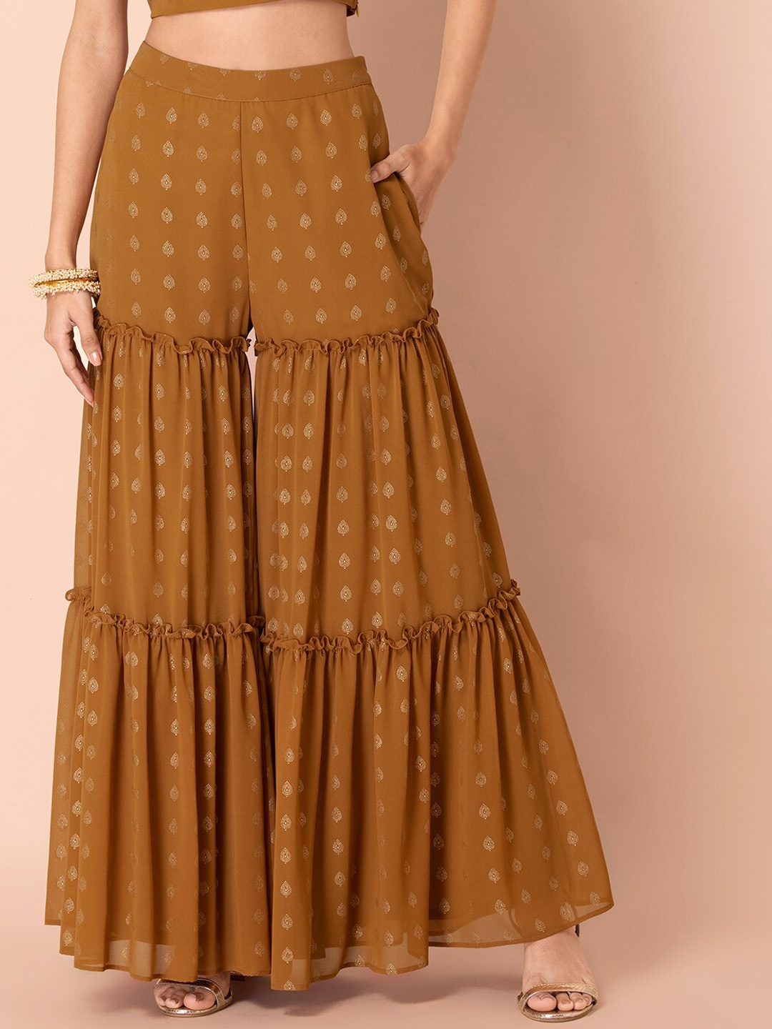 

Rang by Indya Women Yellow Ethnic Motifs Printed Flared Pleated Trousers