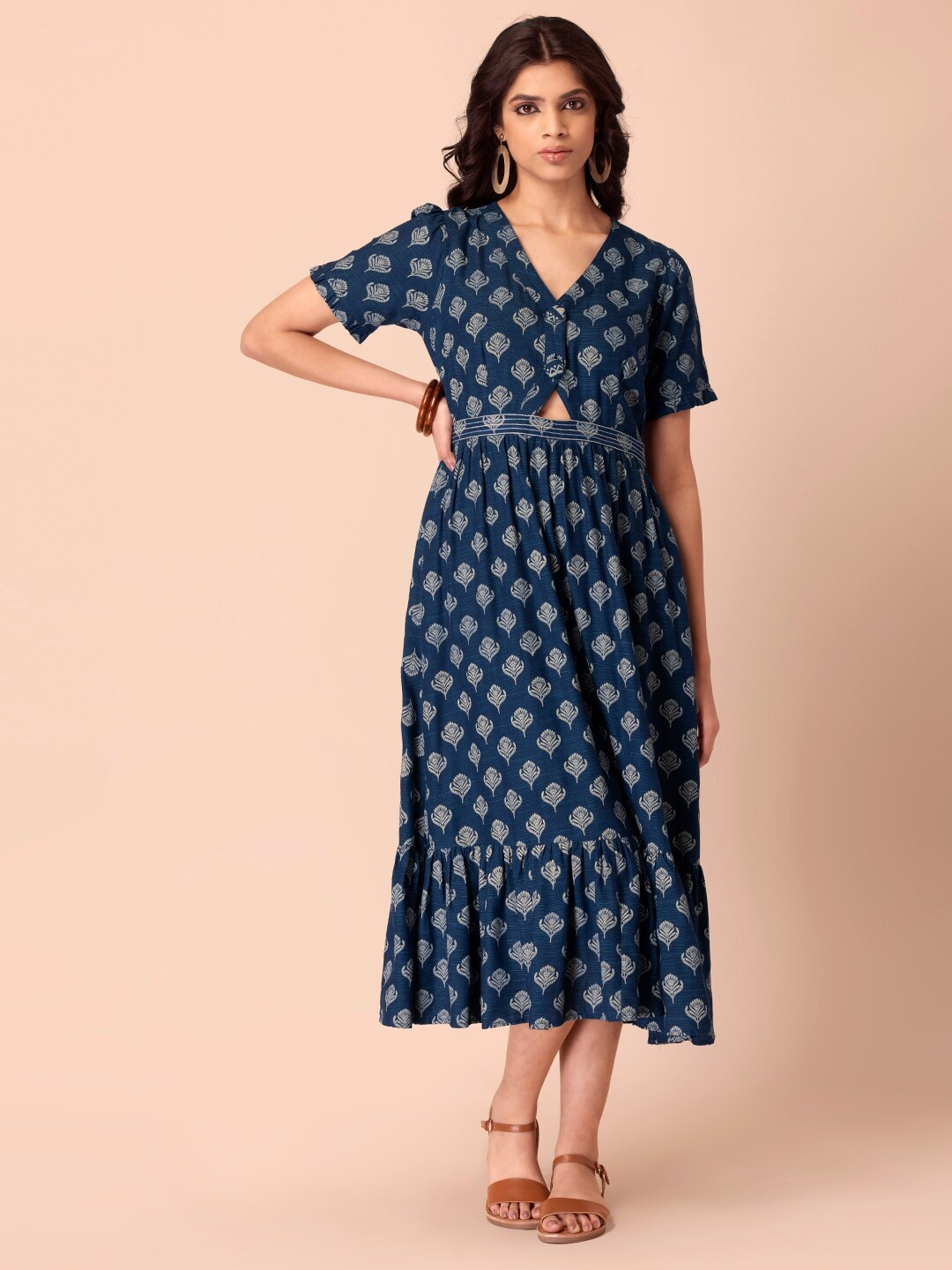 

INDYA Navy Blue & White Ethnic Motifs Printed Ethnic A-Line Midi Dress