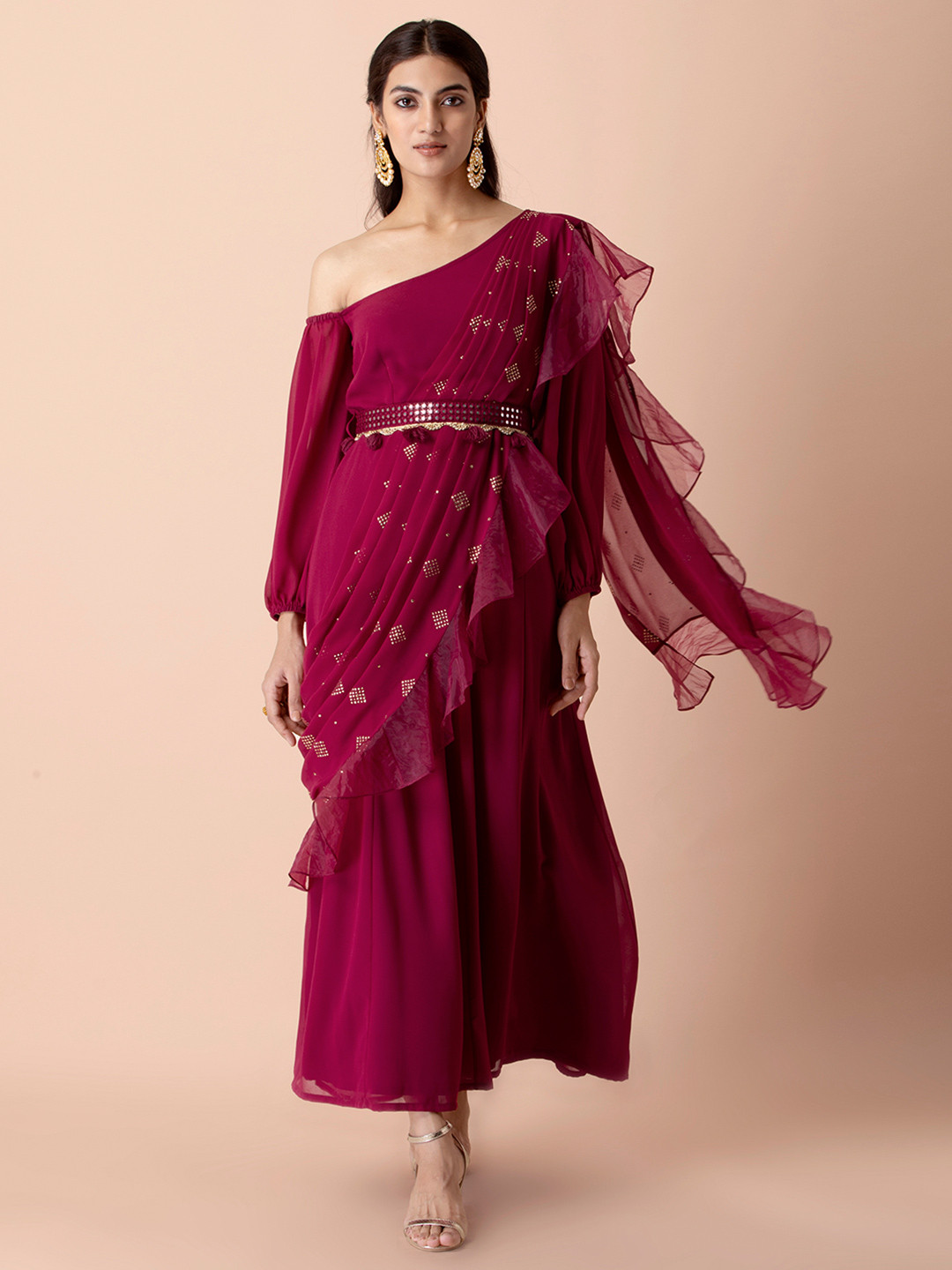 

INDYA Women Burgundy Embellished Off-Shoulder Belted Detail Georgette Kurta