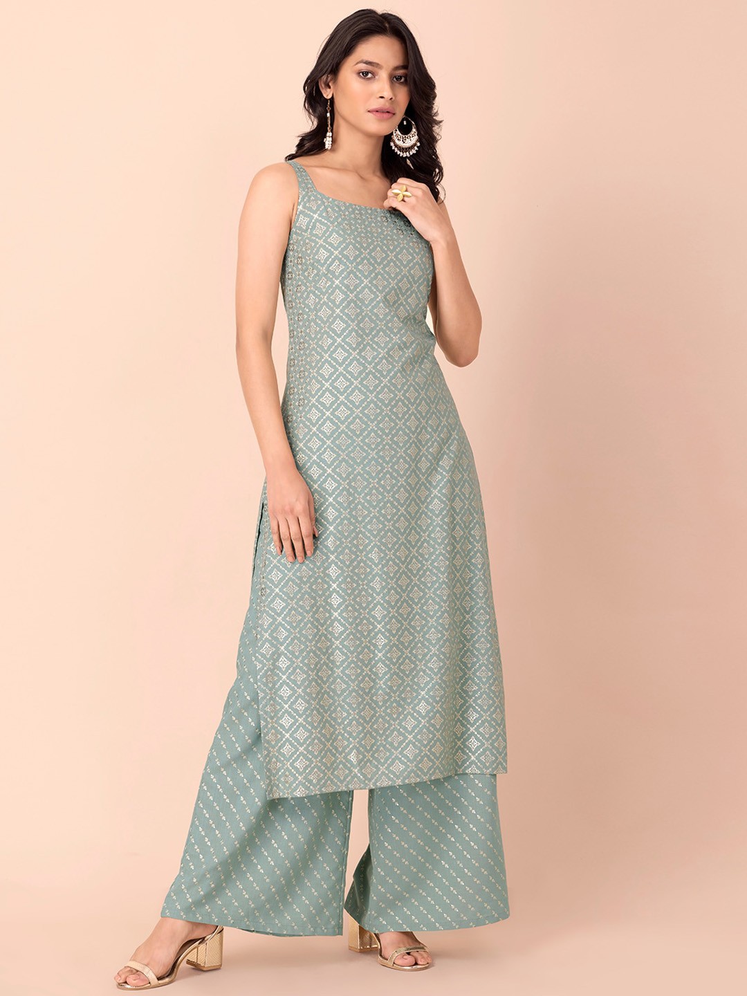 

INDYA Women Sage Green Geometric Foil Printed Straight Kurta