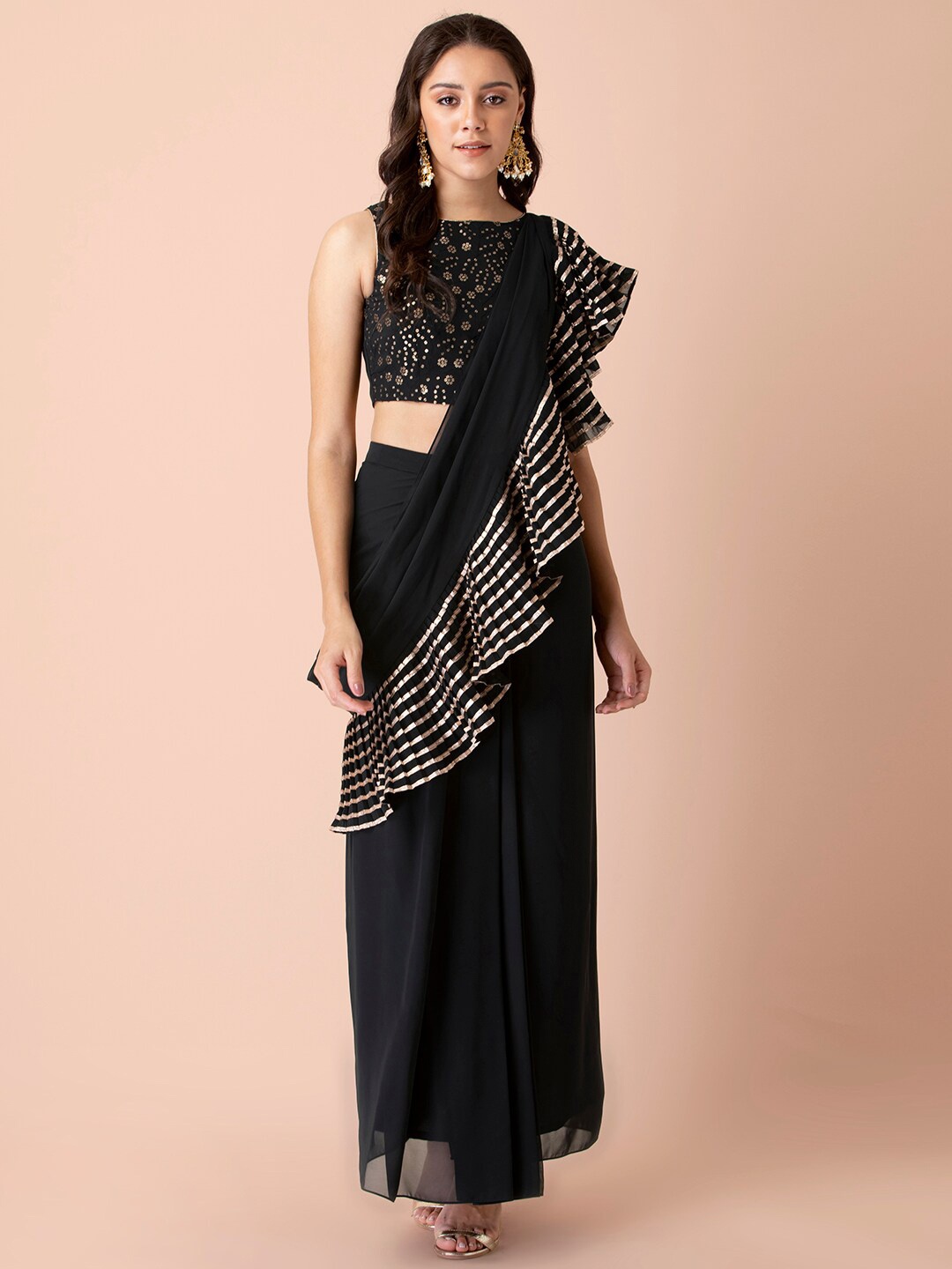 

INDYA Black & Gold-Toned Embellished Gotta Patti Ready to Wear Saree