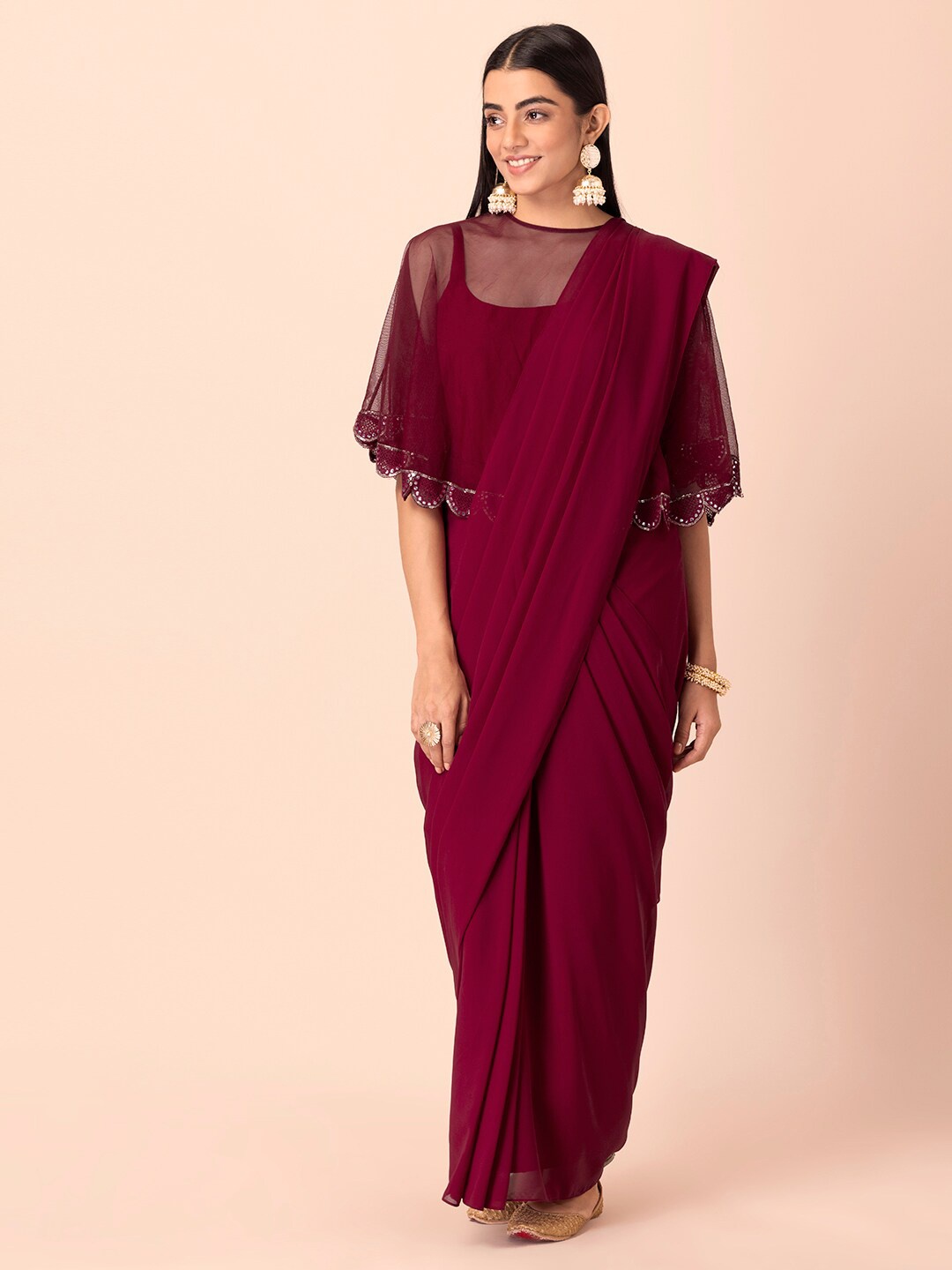 

INDYA Maroon Solid Pre Draped Ready To Wear Saree