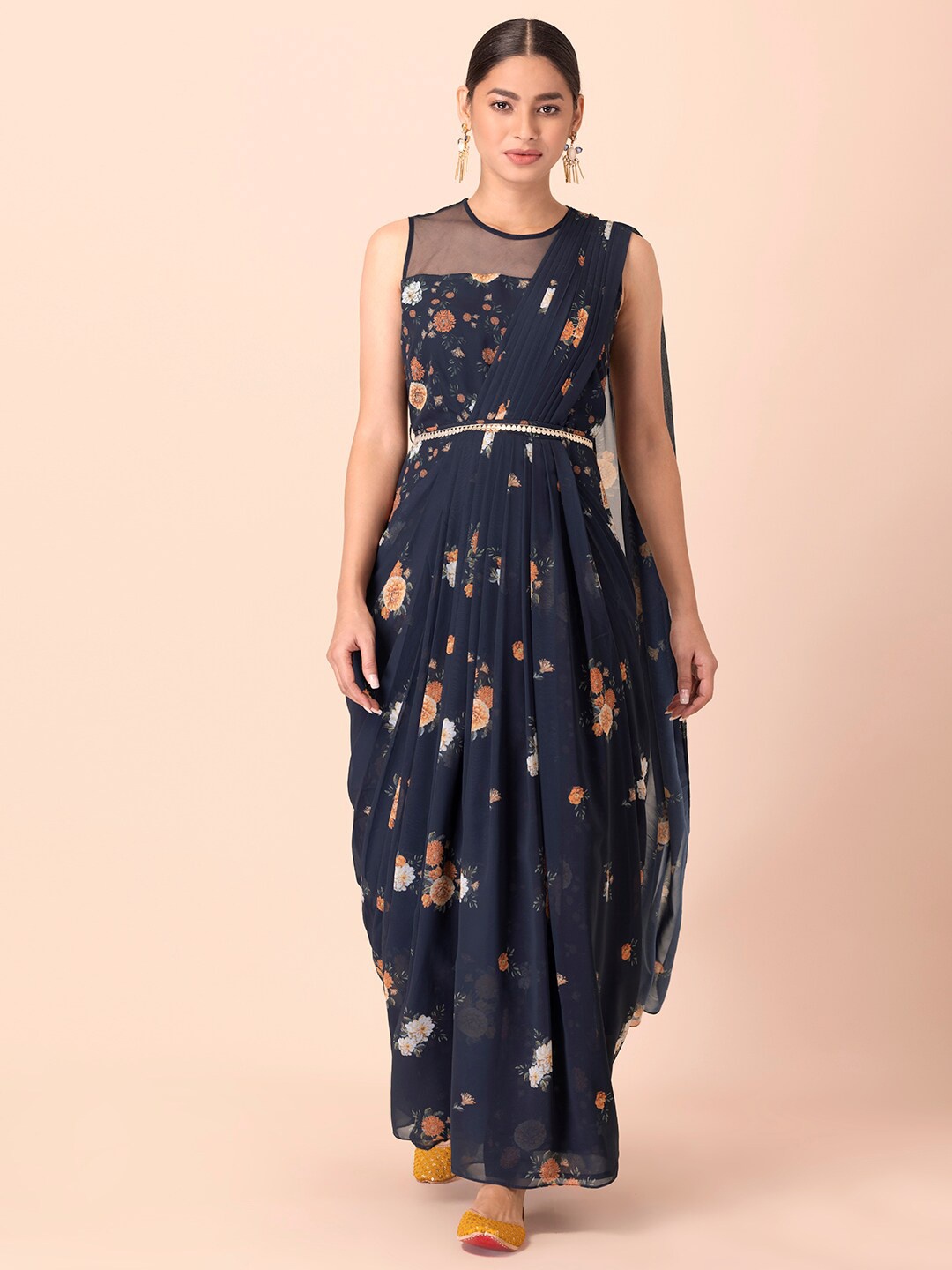 

INDYA Navy Blue & Orange Floral Ready to Wear Saree