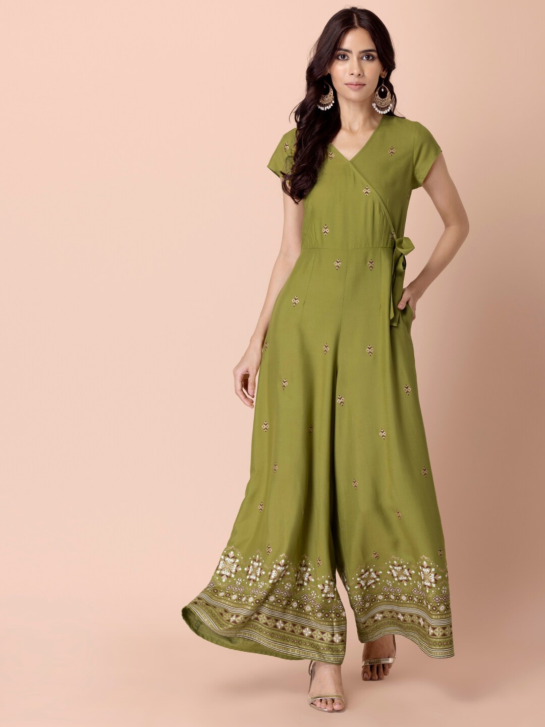 

INDYA Green & White Printed Basic Jumpsuit