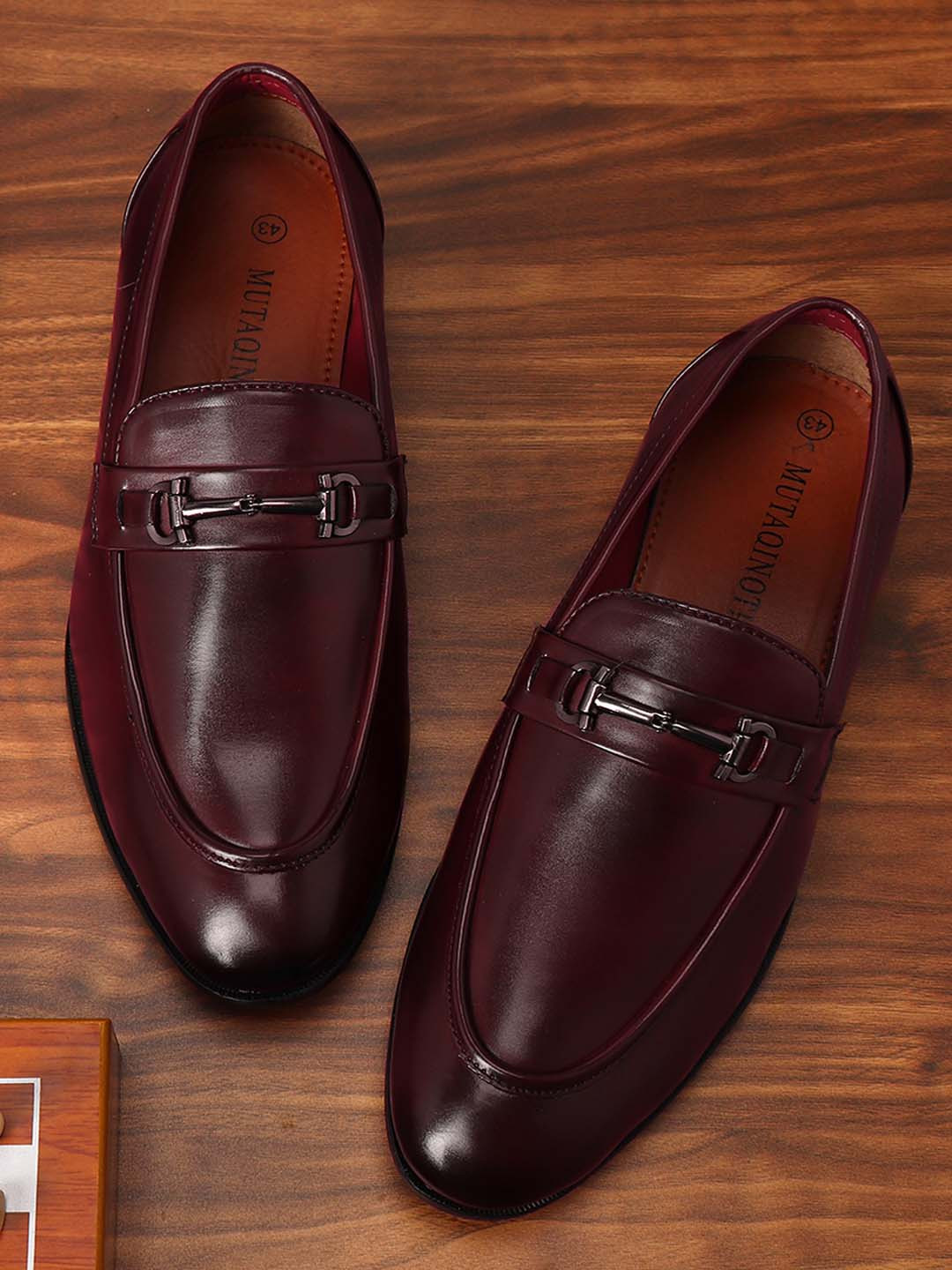 

MUTAQINOTI Men Rosewood Maroon Red Solid Italian Leather Handmade Formal Moccasins Loafer