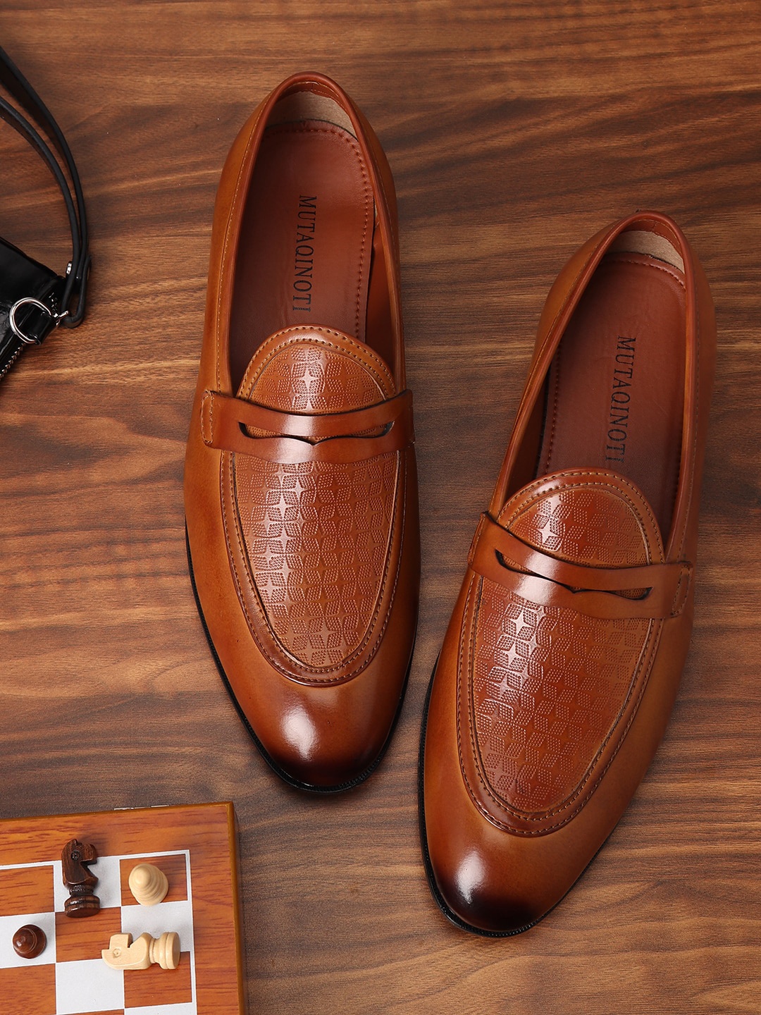 

MUTAQINOTI Men Tan Brown Solid Patent Leather Formal Loafers