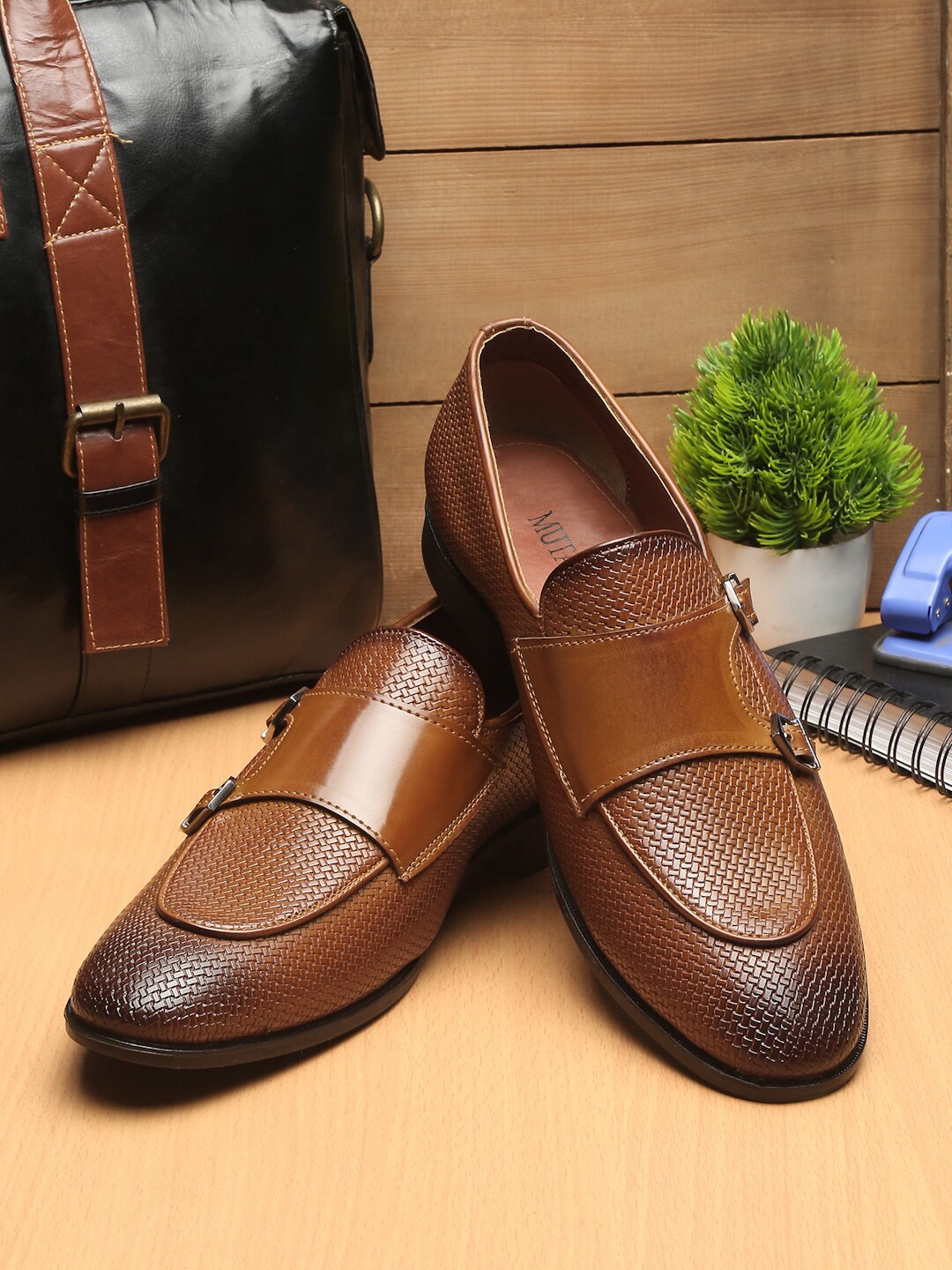 

MUTAQINOTI Men Tan Brown Textured Leather Monk Shoes