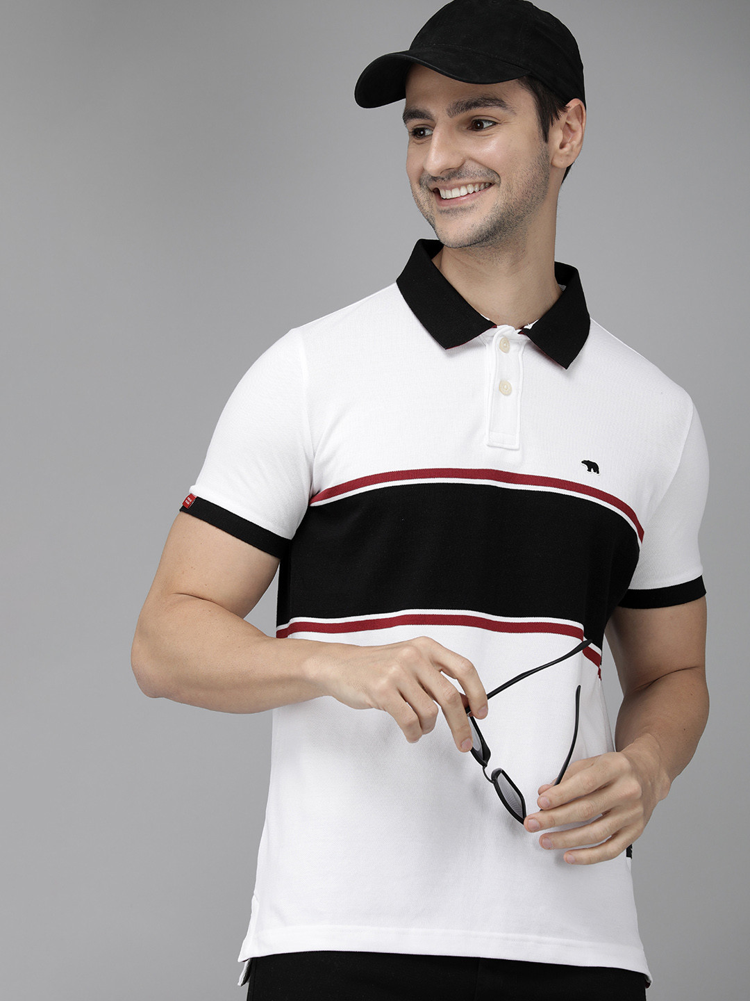 

THE BEAR HOUSE Men White & Black Striped Polo Collar Pure Cotton Slim Fit T-shirt