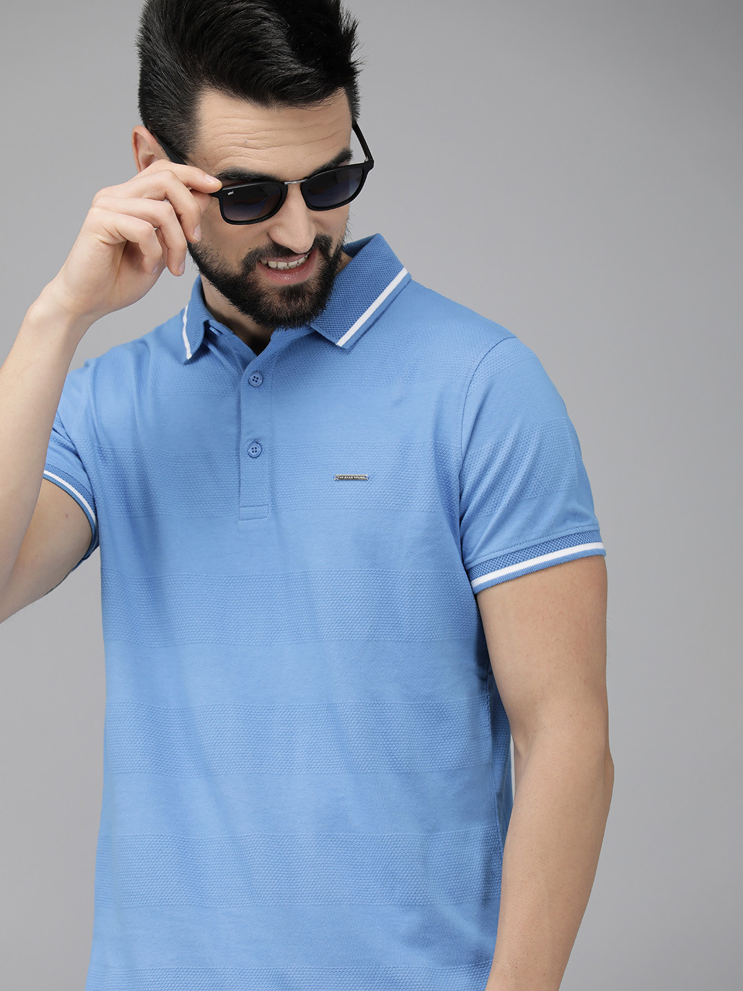 

THE BEAR HOUSE Men Blue Polo Collar Pure Cotton Slim Fit T-shirt