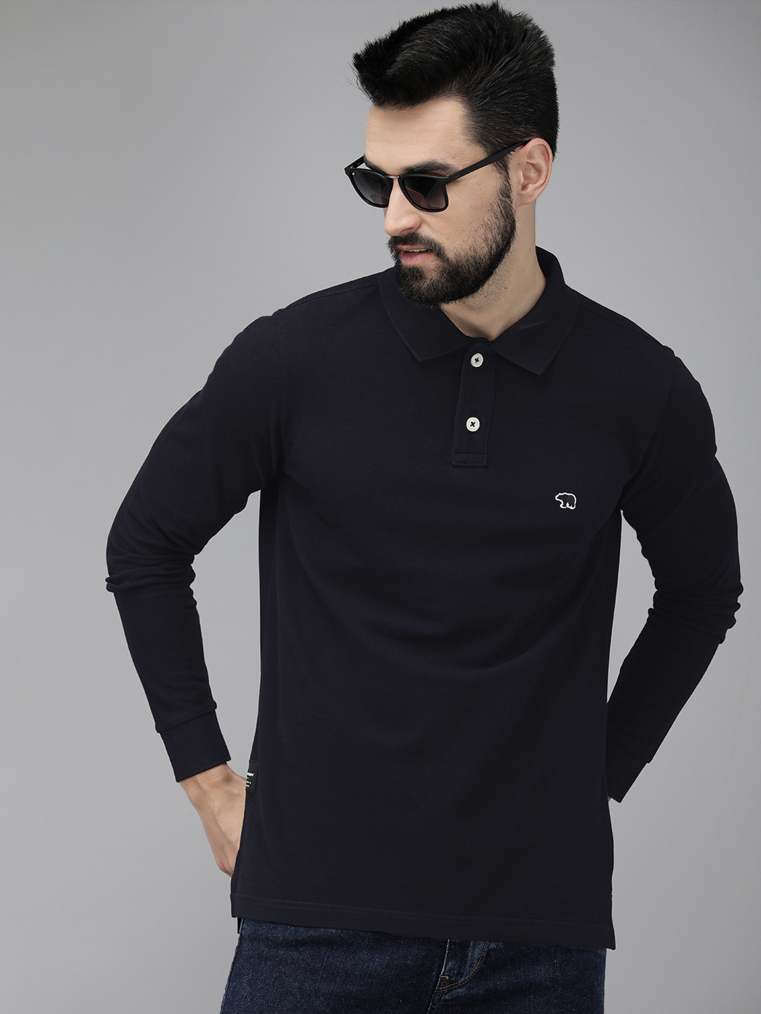 

THE BEAR HOUSE Men Navy Blue Pure Cotton Solid Polo Collar Slim Fit T-shirt