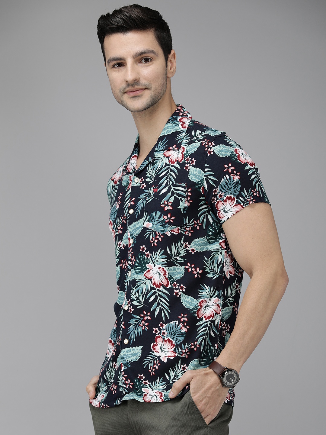 

THE BEAR HOUSE Men Navy Blue Slim Fit Floral Printed Casual Shirt
