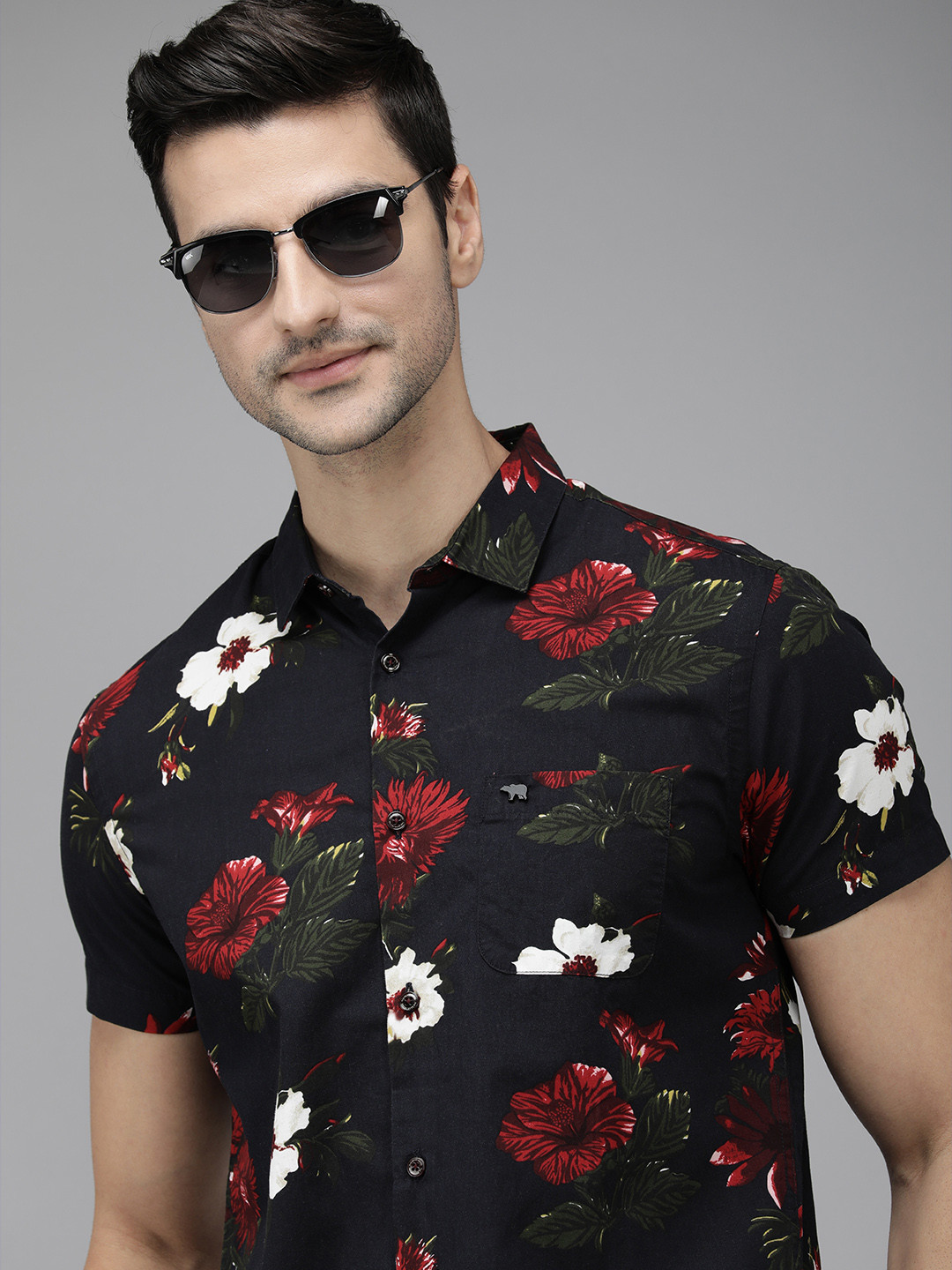

THE BEAR HOUSE Men Navy Blue Pure Cotton Slim Fit Floral Printed Casual Shirt