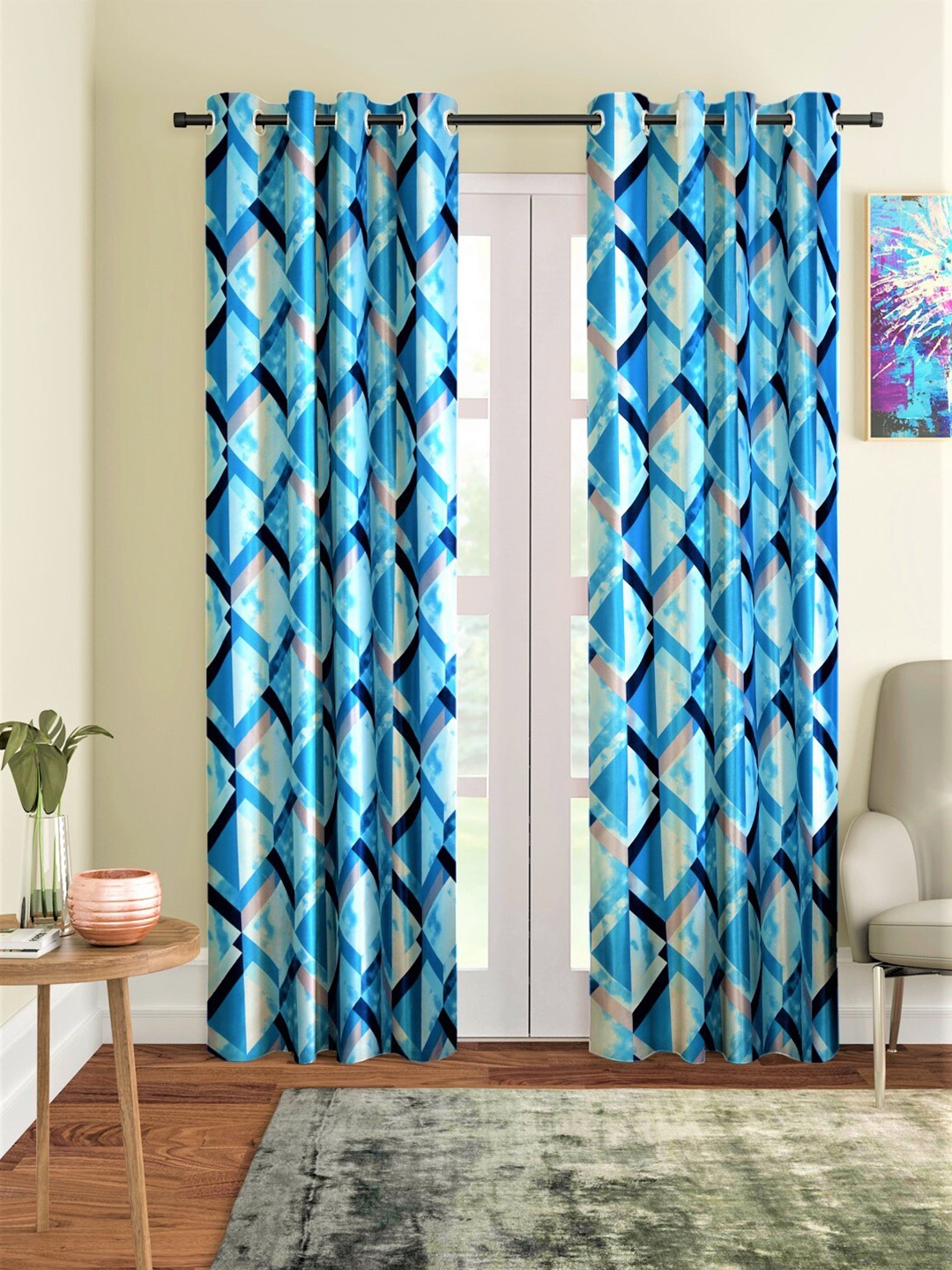 

Home Sizzler Turquoise Blue & White Set of 2 Geometric Door Curtain
